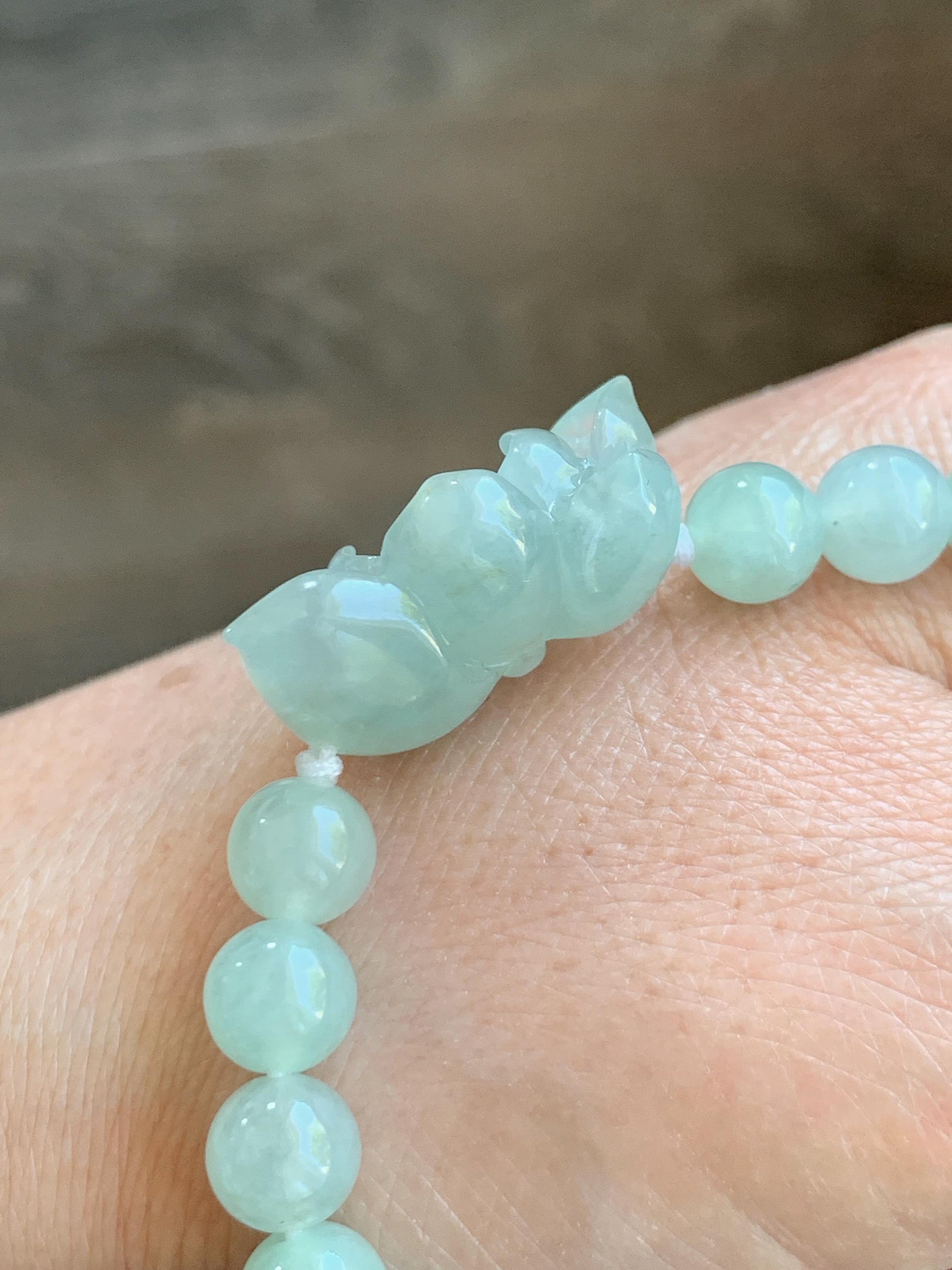 Natural Grade A Icy Highly Translucent Pastel Green Jade Jadeite Lotus Flower Beaded Bracelet 6.75" 23g 天然冰胶晴色翡翠莲花圆珠手串 MQL132