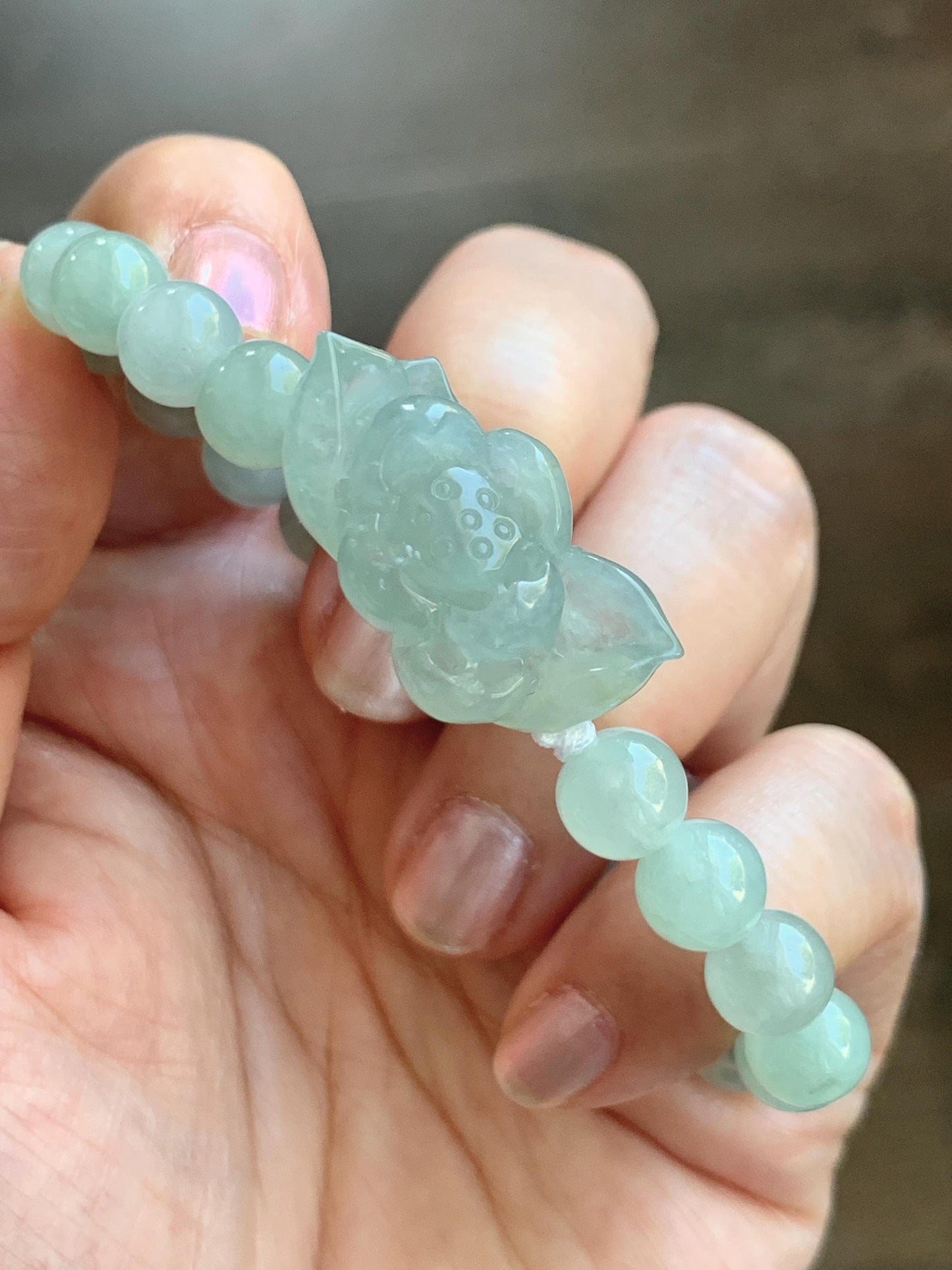 Natural Grade A Icy Highly Translucent Pastel Green Jade Jadeite Lotus Flower Beaded Bracelet 6.75" 23g 天然冰胶晴色翡翠莲花圆珠手串 MQL132