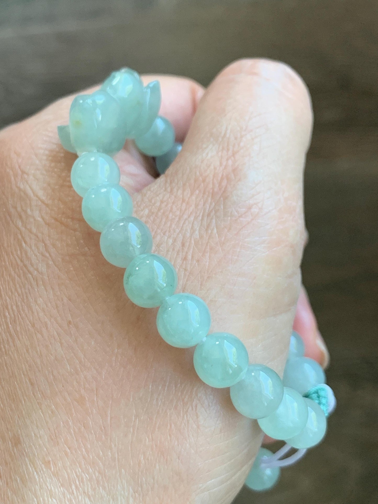 Natural Grade A Icy Highly Translucent Pastel Green Jade Jadeite Lotus Flower Beaded Bracelet 6.75" 23g 天然冰胶晴色翡翠莲花圆珠手串 MQL132