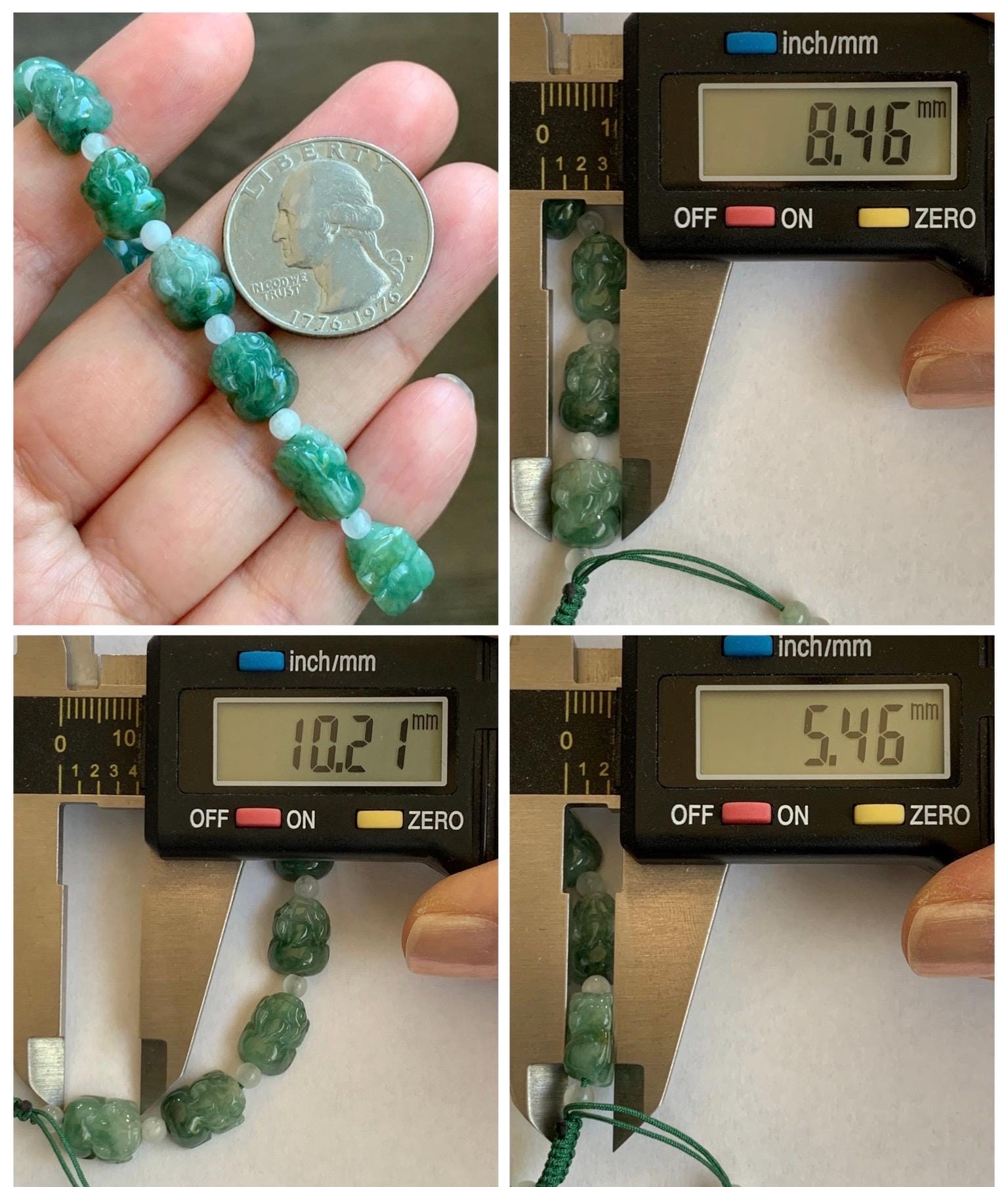 Natural Grade A Icy Translucent Spinach Green Marbled Jade Jadeite Pixiu Beads Beaded Bracelet 6.75" 12g 天然菠菜绿飘花翡翠貔貅珠手串 MPX132