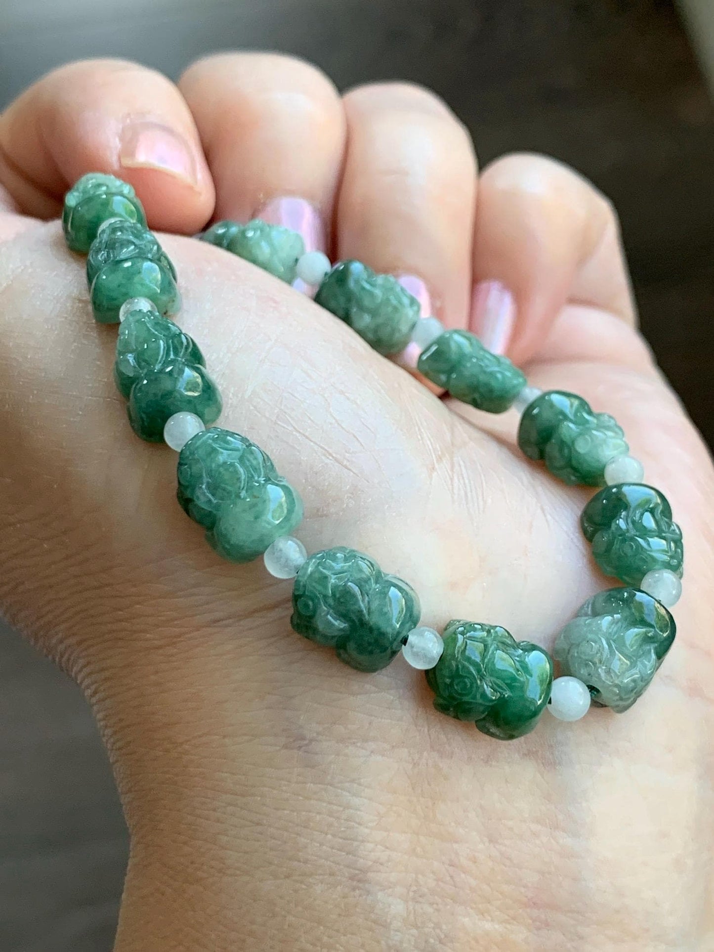 Natural Grade A Icy Translucent Spinach Green Marbled Jade Jadeite Pixiu Beads Beaded Bracelet 6.75" 12g 天然菠菜绿飘花翡翠貔貅珠手串 MPX132