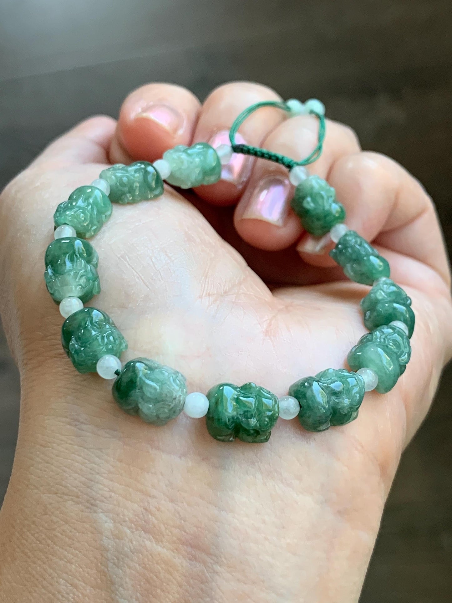 Natural Grade A Icy Translucent Spinach Green Marbled Jade Jadeite Pixiu Beads Beaded Bracelet 6.75" 12g 天然菠菜绿飘花翡翠貔貅珠手串 MPX132