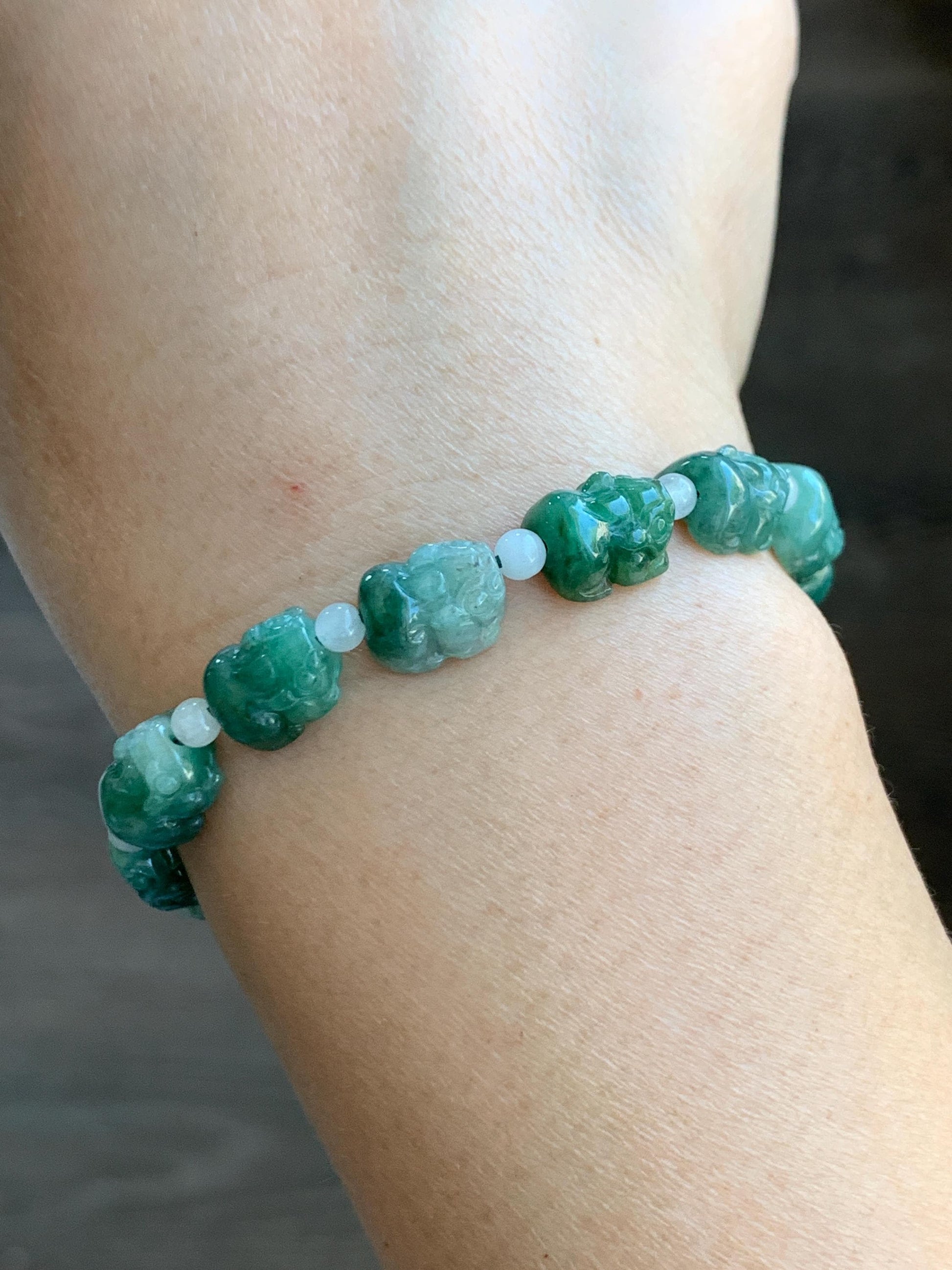 Natural Grade A Icy Translucent Spinach Green Marbled Jade Jadeite Pixiu Beads Beaded Bracelet 6.75" 12g 天然菠菜绿飘花翡翠貔貅珠手串 MPX132