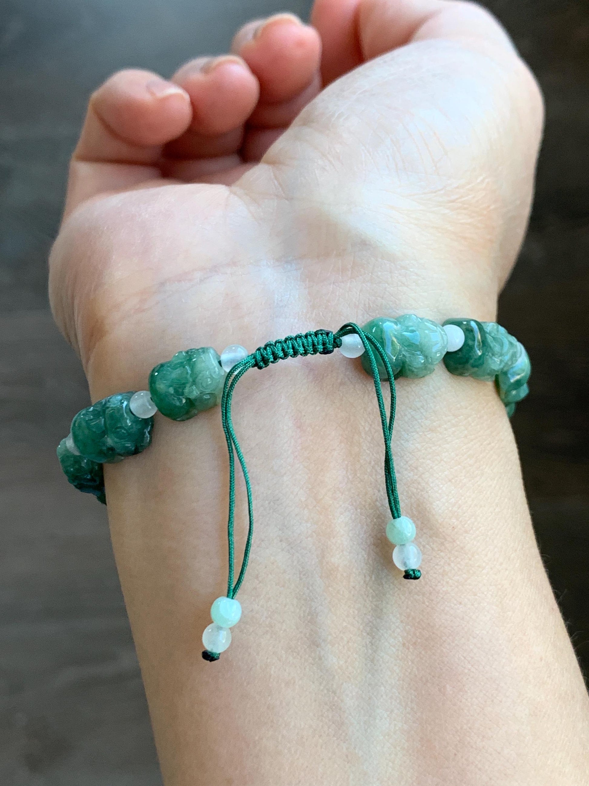 Natural Grade A Icy Translucent Spinach Green Marbled Jade Jadeite Pixiu Beads Beaded Bracelet 6.75" 12g 天然菠菜绿飘花翡翠貔貅珠手串 MPX132