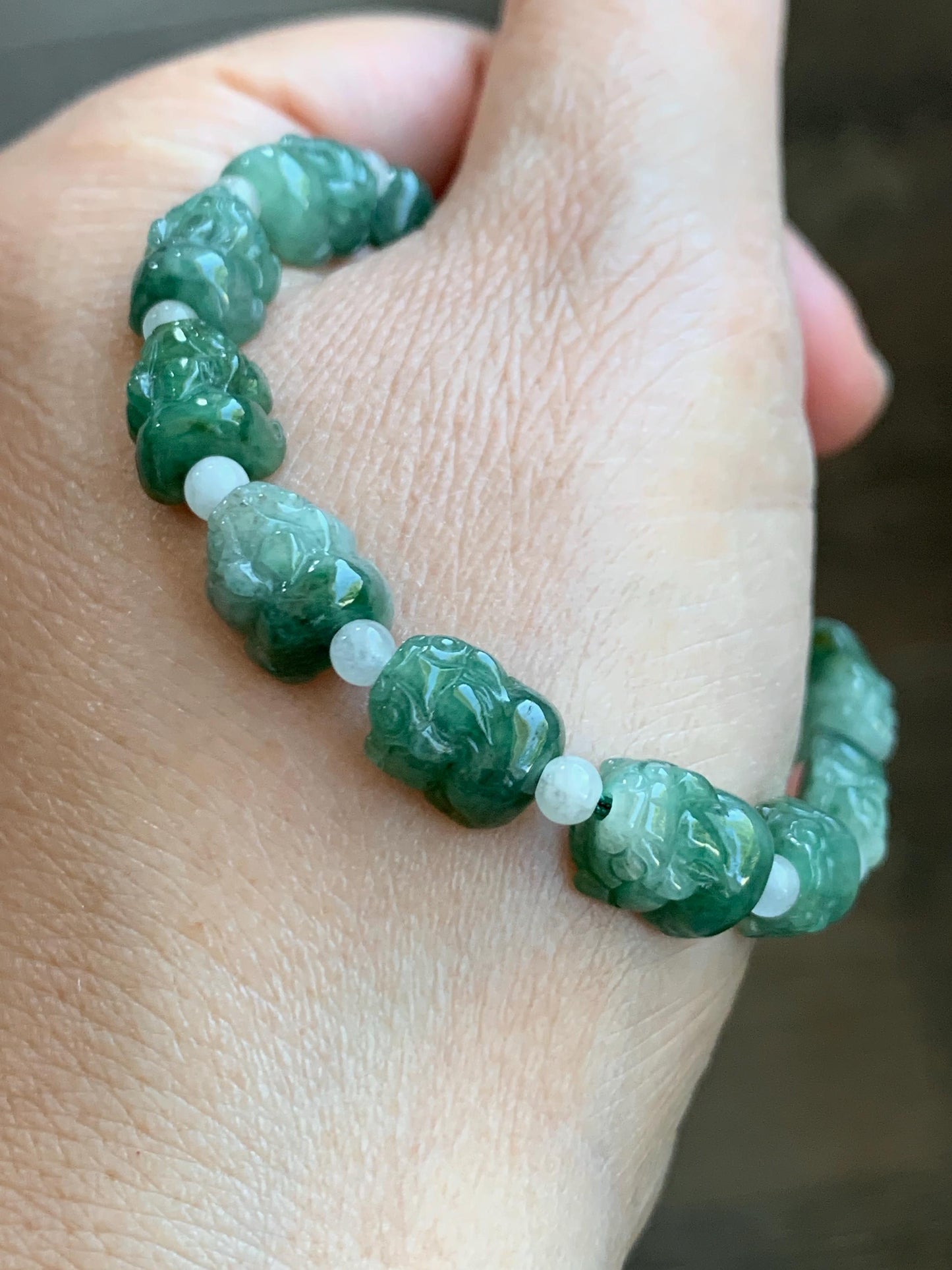 Natural Grade A Icy Translucent Spinach Green Marbled Jade Jadeite Pixiu Beads Beaded Bracelet 6.75" 12g 天然菠菜绿飘花翡翠貔貅珠手串 MPX132