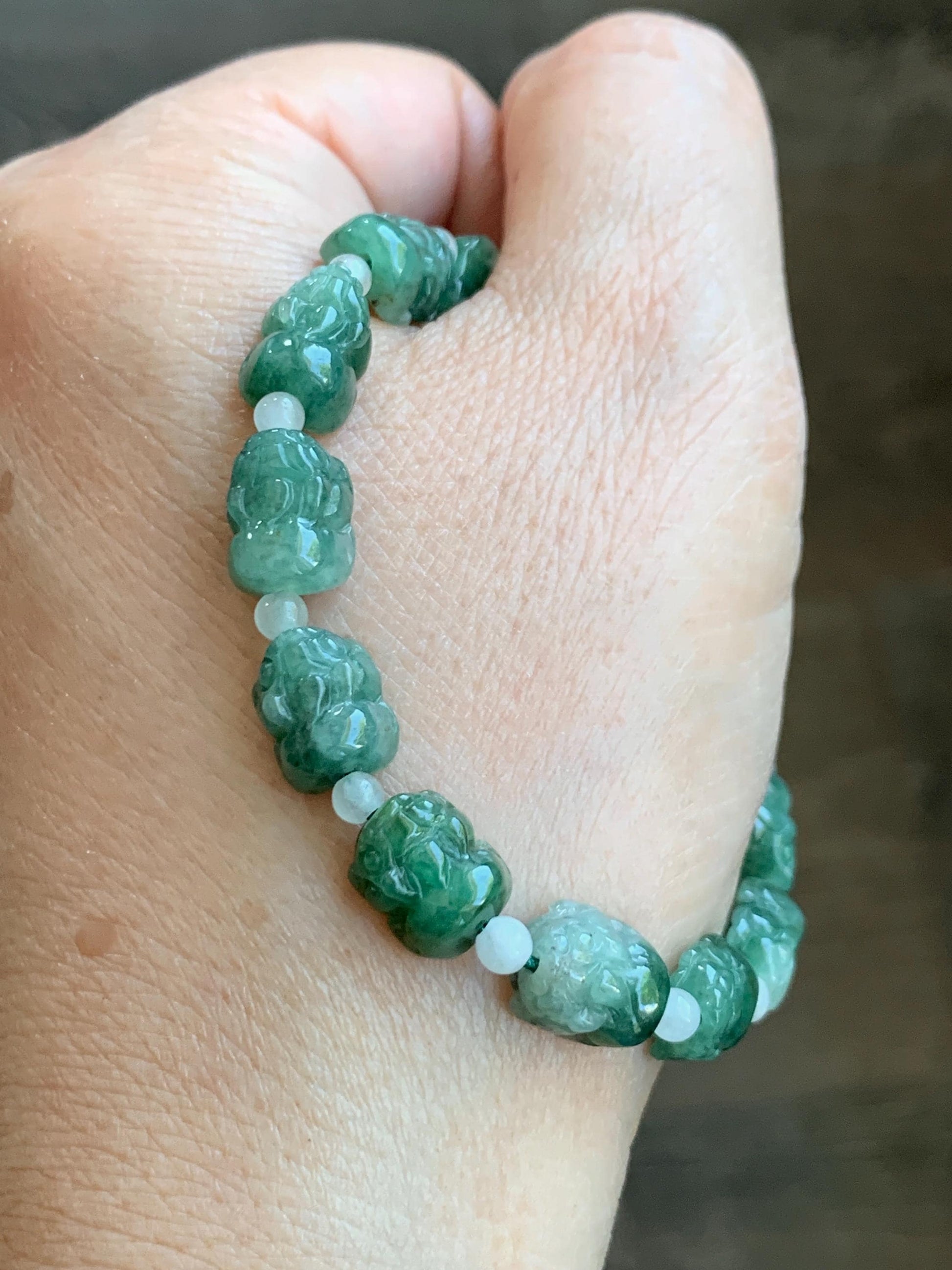 Natural Grade A Icy Translucent Spinach Green Marbled Jade Jadeite Pixiu Beads Beaded Bracelet 6.75" 12g 天然菠菜绿飘花翡翠貔貅珠手串 MPX132