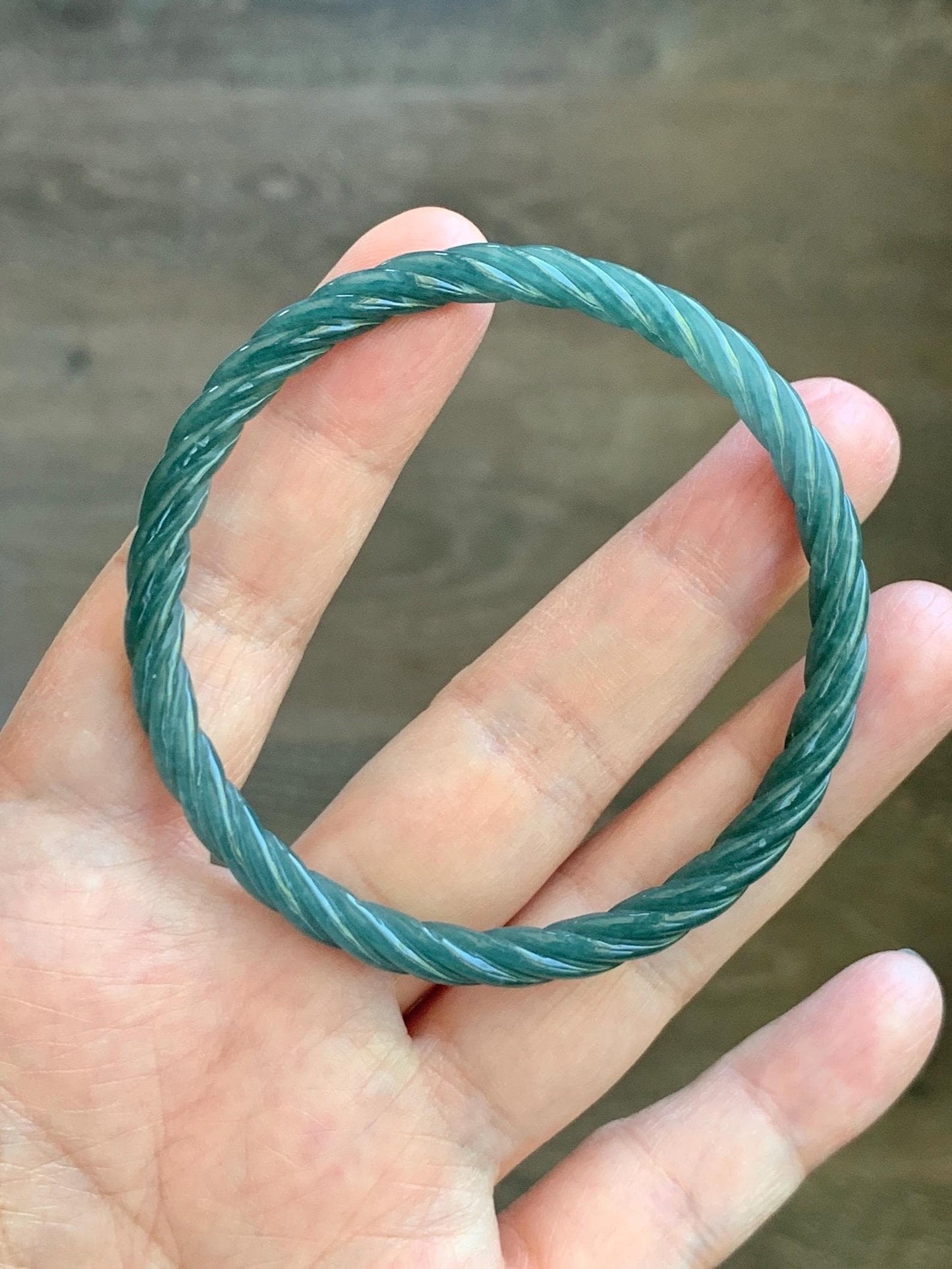 Certified Natural Grade A Guatemalan Icy Translucent Dark Teal Blue Jade Jadeite Carved Braid Bangle 54.9mm 6.78” 天然冰危深蓝绿翡翠细麻花手镯 477