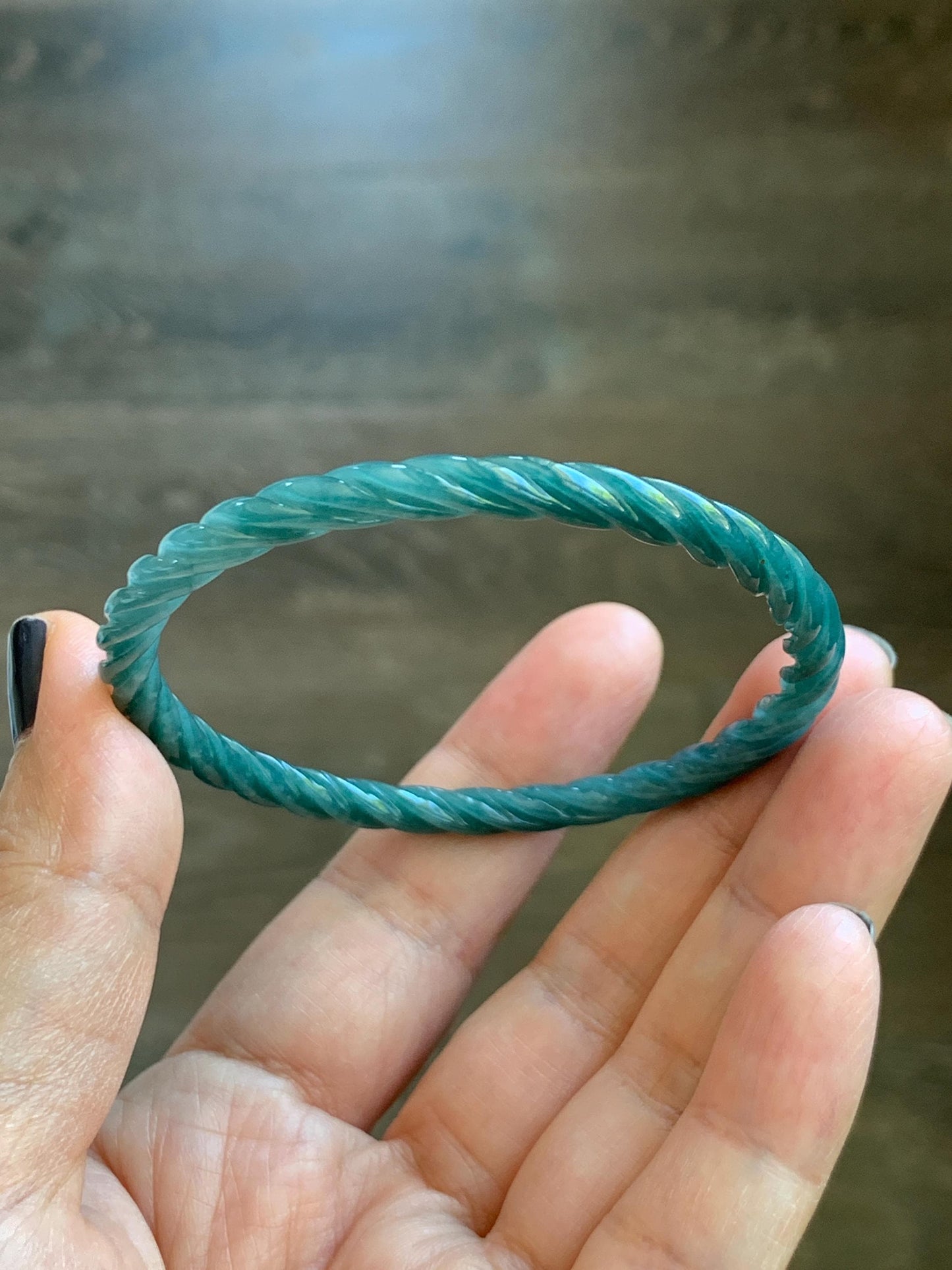 Certified Natural Grade A Guatemalan Icy Translucent Dark Teal Blue Jade Jadeite Carved Braid Bangle 54.9mm 6.78” 天然冰危深蓝绿翡翠细麻花手镯 477