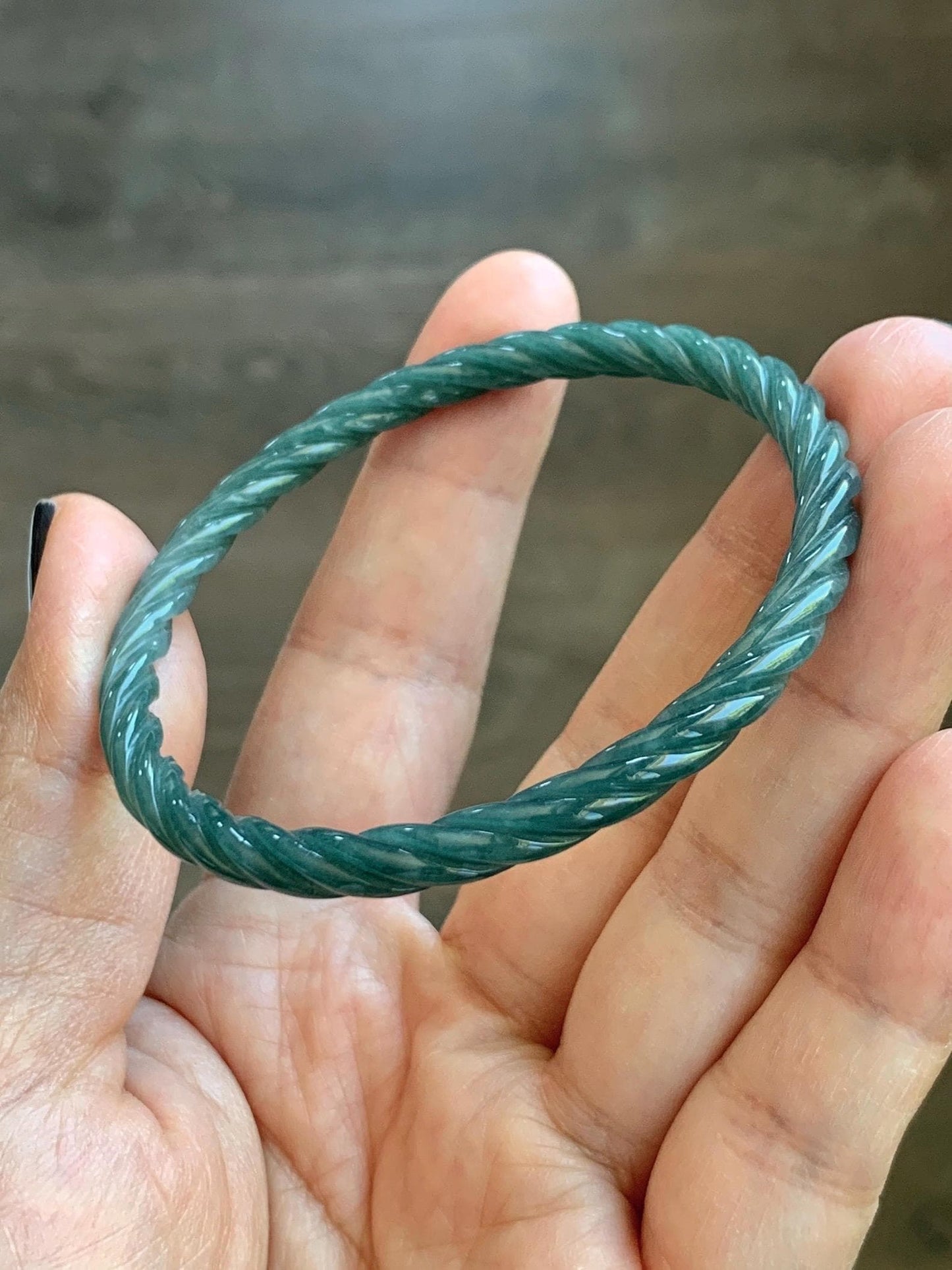 Certified Natural Grade A Guatemalan Icy Translucent Dark Teal Blue Jade Jadeite Carved Braid Bangle 54.9mm 6.78” 天然冰危深蓝绿翡翠细麻花手镯 477