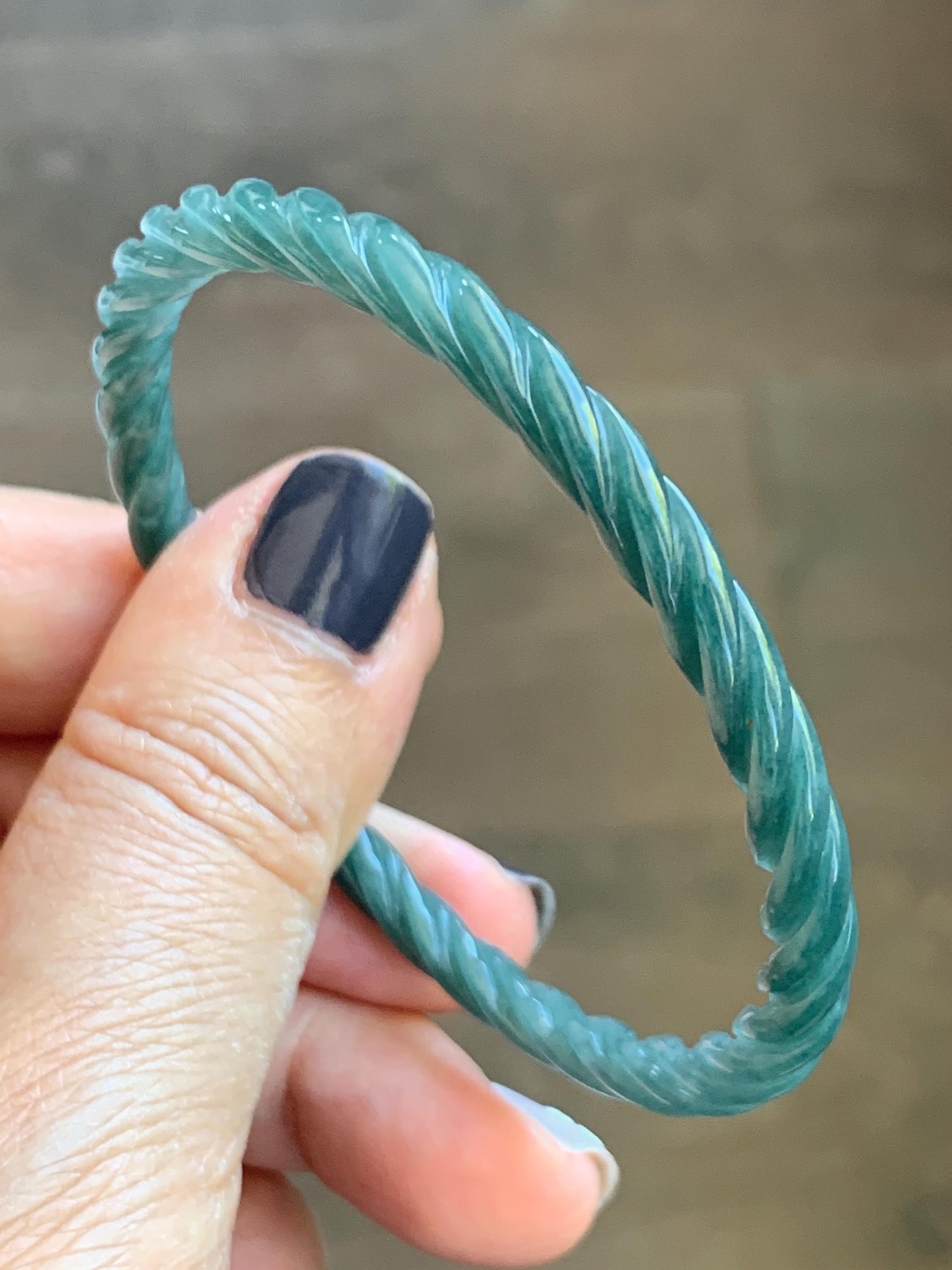 Certified Natural Grade A Guatemalan Icy Translucent Dark Teal Blue Jade Jadeite Carved Braid Bangle 54.9mm 6.78” 天然冰危深蓝绿翡翠细麻花手镯 477