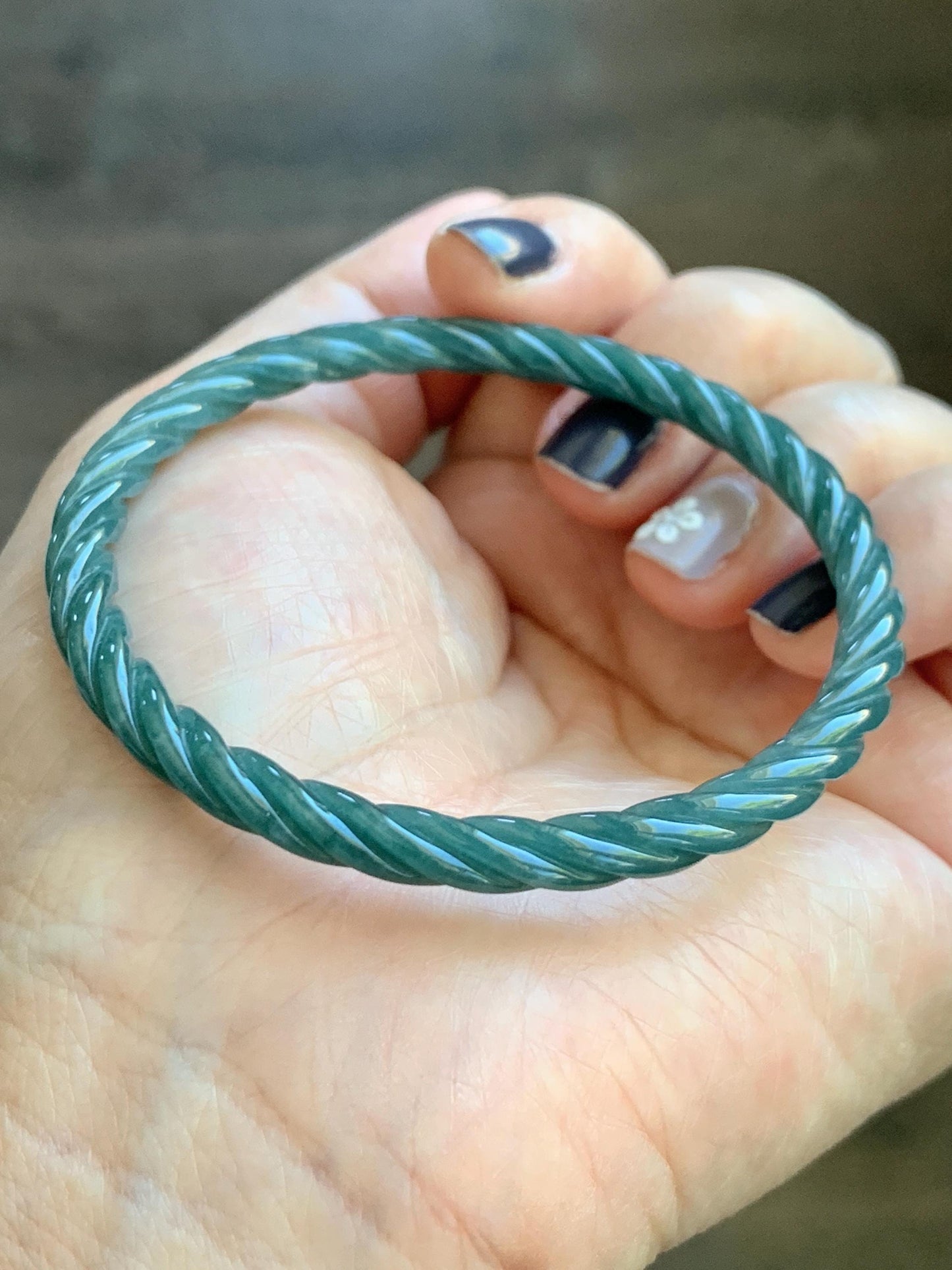 Certified Natural Grade A Guatemalan Icy Translucent Dark Teal Blue Jade Jadeite Carved Braid Bangle 54.9mm 6.78” 天然冰危深蓝绿翡翠细麻花手镯 477