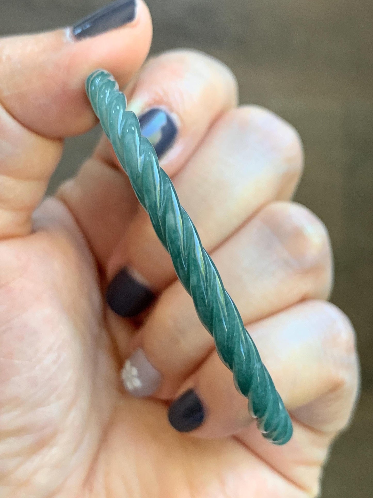 Certified Natural Grade A Guatemalan Icy Translucent Dark Teal Blue Jade Jadeite Carved Braid Bangle 54.9mm 6.78” 天然冰危深蓝绿翡翠细麻花手镯 477