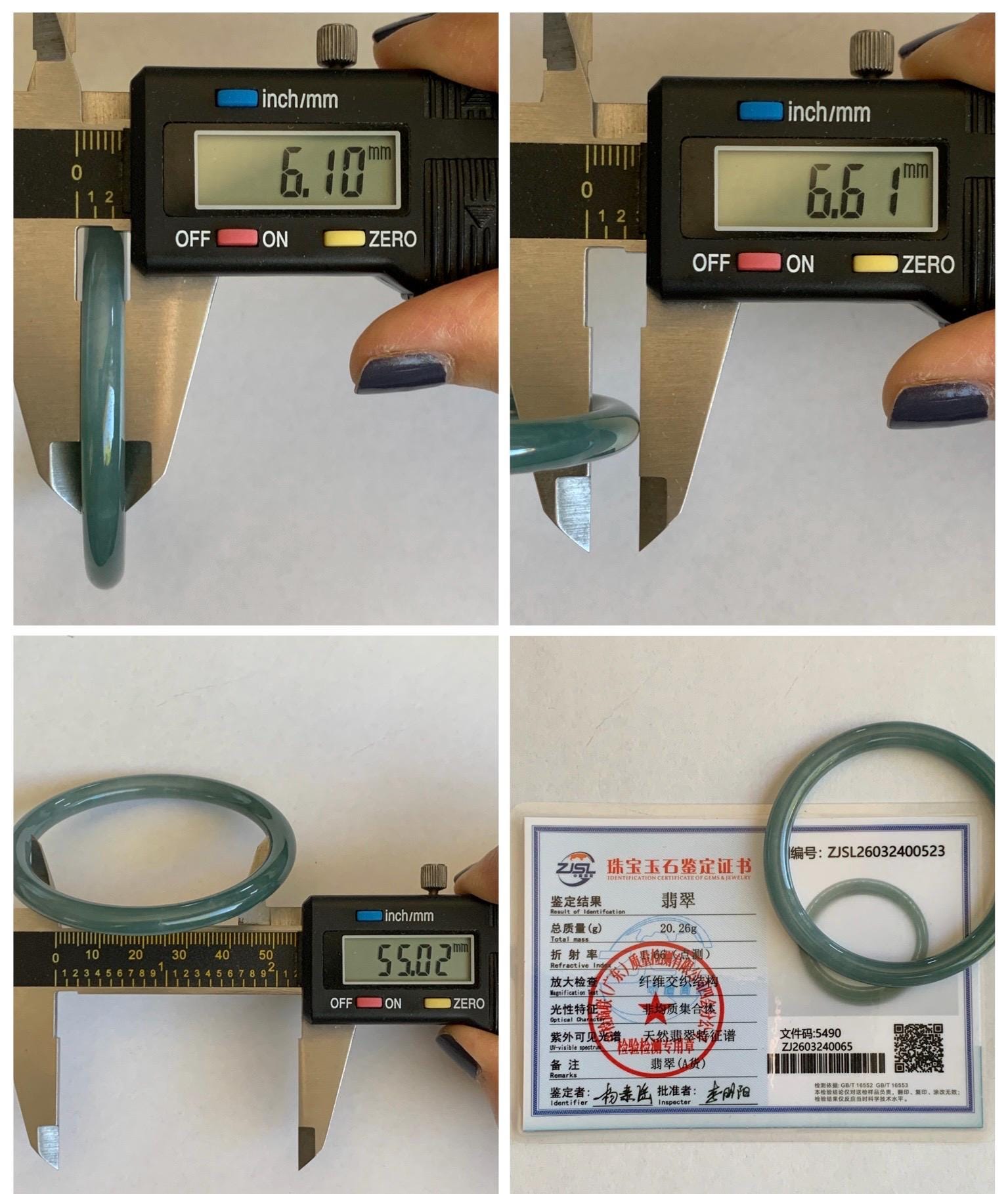 Certified Natural Grade A Guatemalan Icy Translucent Dark Dusty Teal Jade Jadeite Slim Bangle Bracelet 55mm 6.8” 天然冰危深蓝绿翡翠细圆条手镯 523