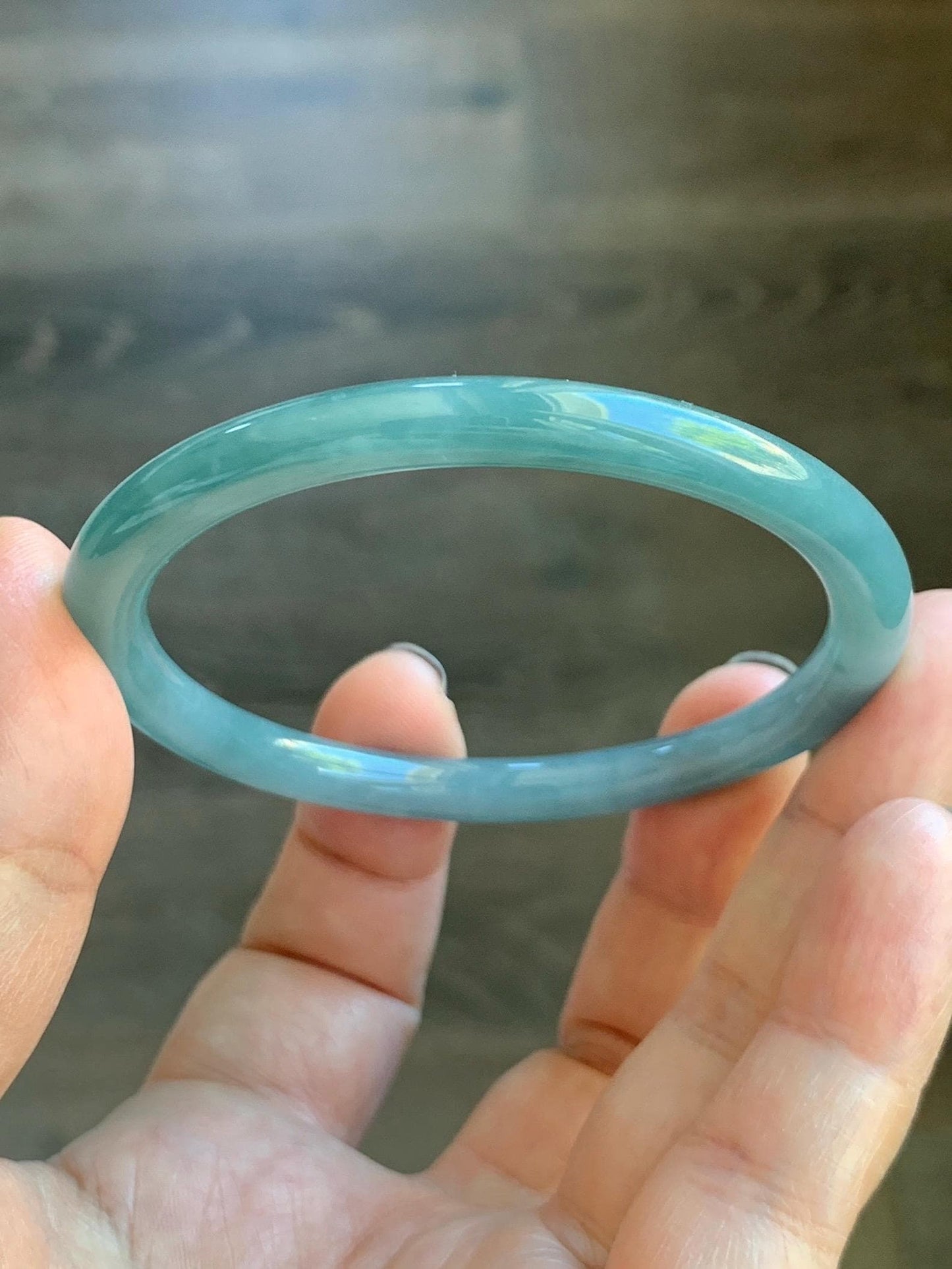 Certified Natural Grade A Guatemalan Icy Translucent Dark Dusty Teal Jade Jadeite Slim Bangle Bracelet 55mm 6.8” 天然冰危深蓝绿翡翠细圆条手镯 523