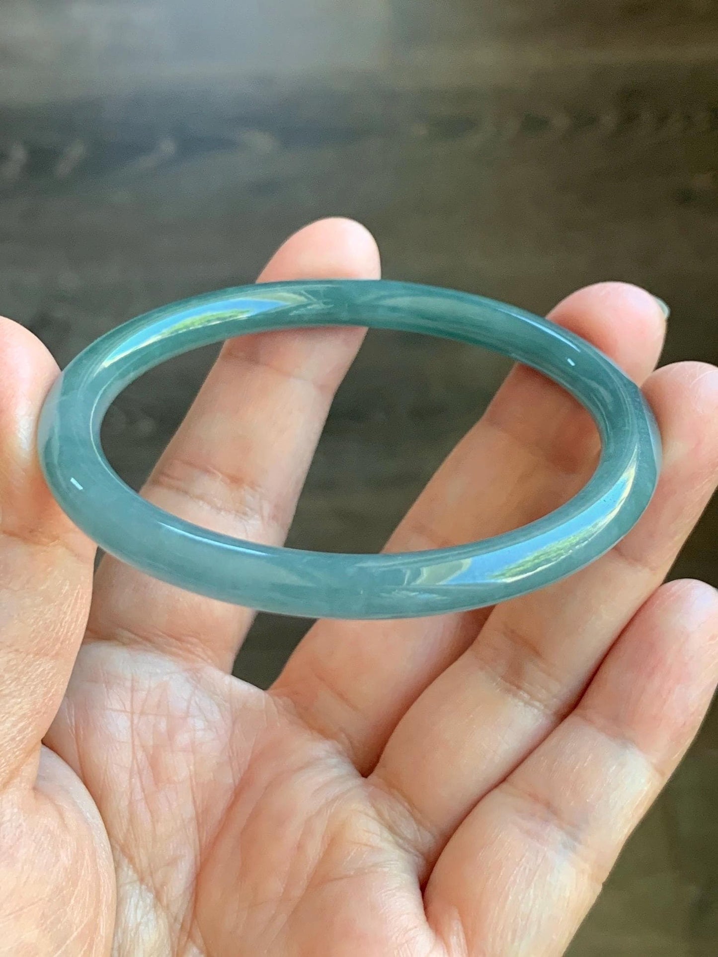 Certified Natural Grade A Guatemalan Icy Translucent Dark Dusty Teal Jade Jadeite Slim Bangle Bracelet 55mm 6.8” 天然冰危深蓝绿翡翠细圆条手镯 523
