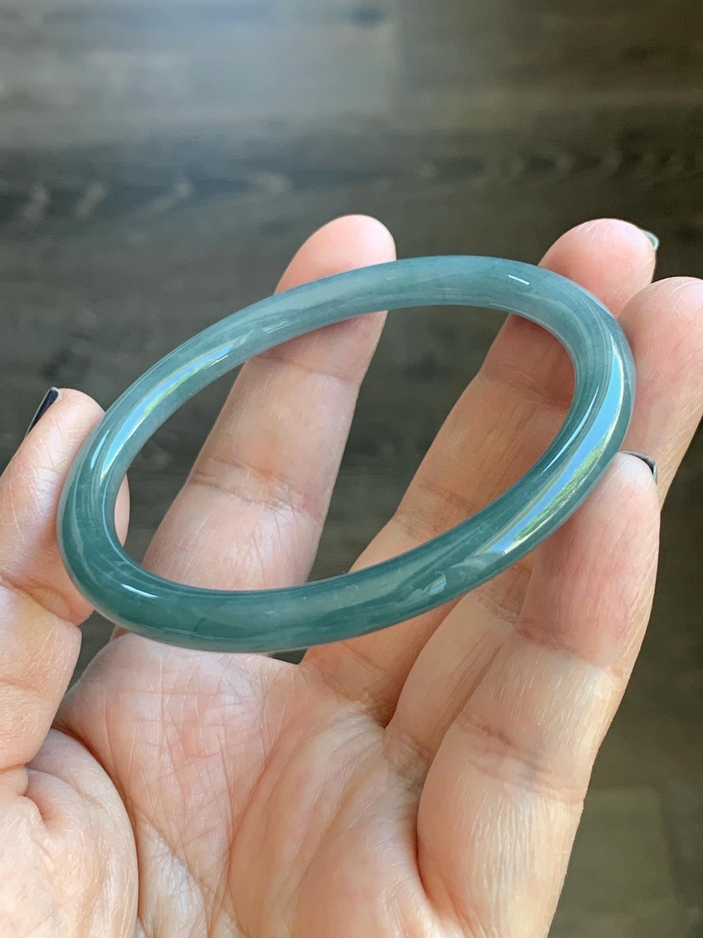 Certified Natural Grade A Guatemalan Icy Translucent Dark Dusty Teal Jade Jadeite Slim Bangle Bracelet 55mm 6.8” 天然冰危深蓝绿翡翠细圆条手镯 523