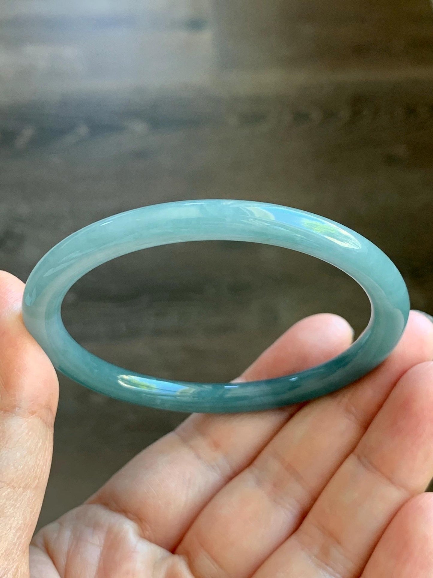 Certified Natural Grade A Guatemalan Icy Translucent Dark Dusty Teal Jade Jadeite Slim Bangle Bracelet 55mm 6.8” 天然冰危深蓝绿翡翠细圆条手镯 523