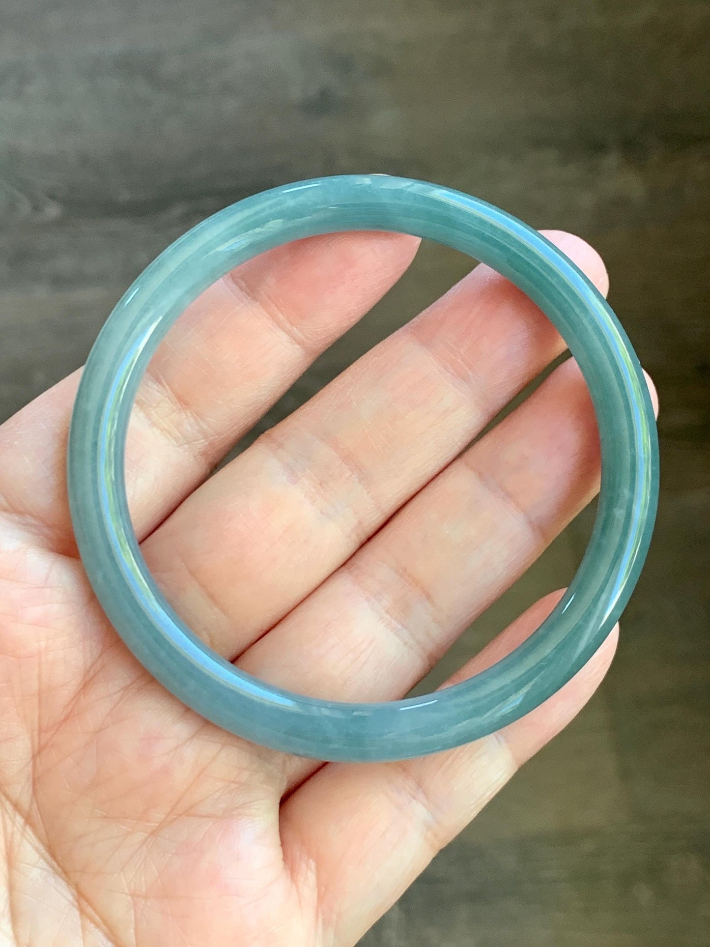 Certified Natural Grade A Guatemalan Icy Translucent Dark Dusty Teal Jade Jadeite Slim Bangle Bracelet 55mm 6.8” 天然冰危深蓝绿翡翠细圆条手镯 523