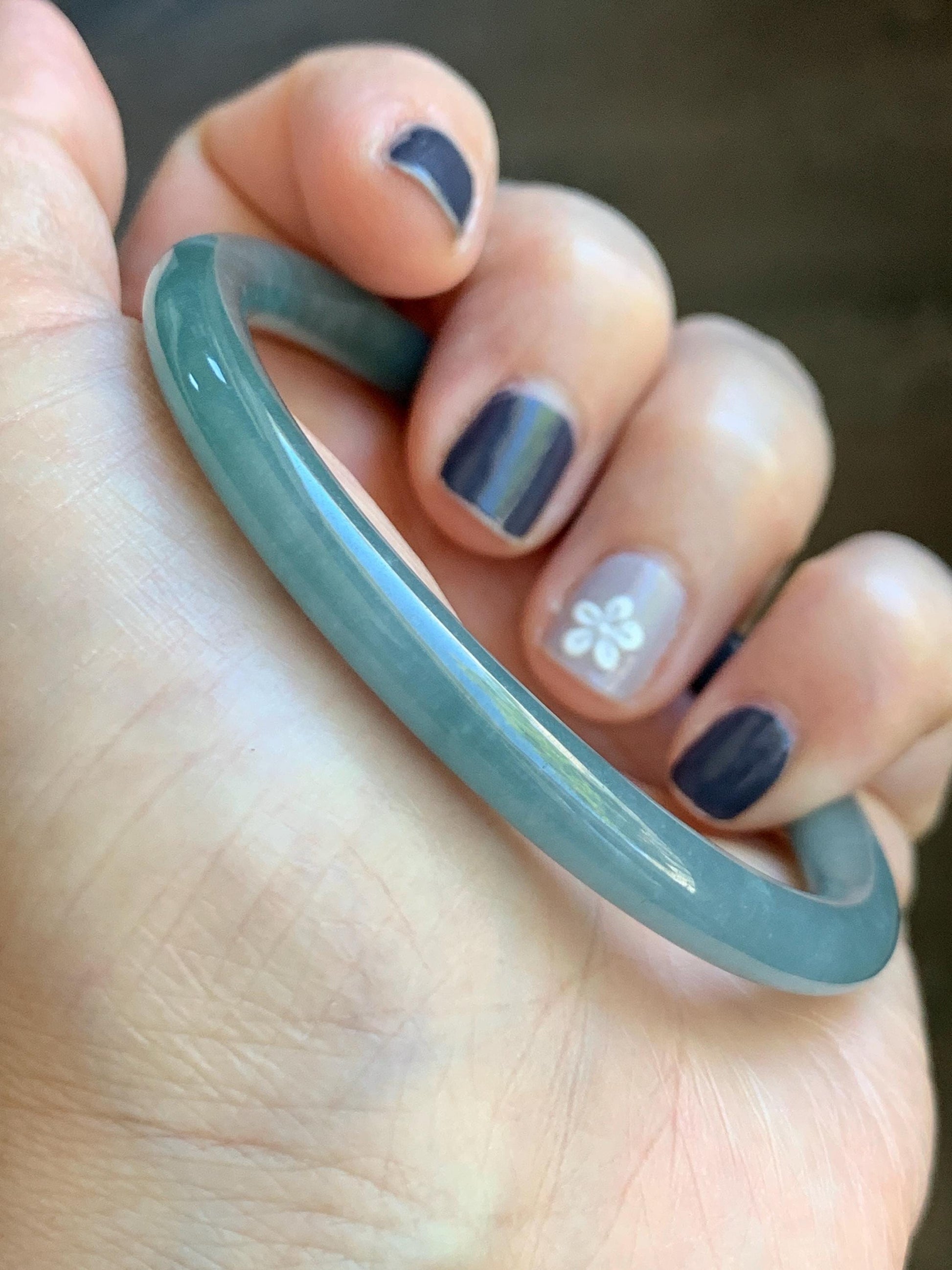 Certified Natural Grade A Guatemalan Icy Translucent Dark Dusty Teal Jade Jadeite Slim Bangle Bracelet 55mm 6.8” 天然冰危深蓝绿翡翠细圆条手镯 523