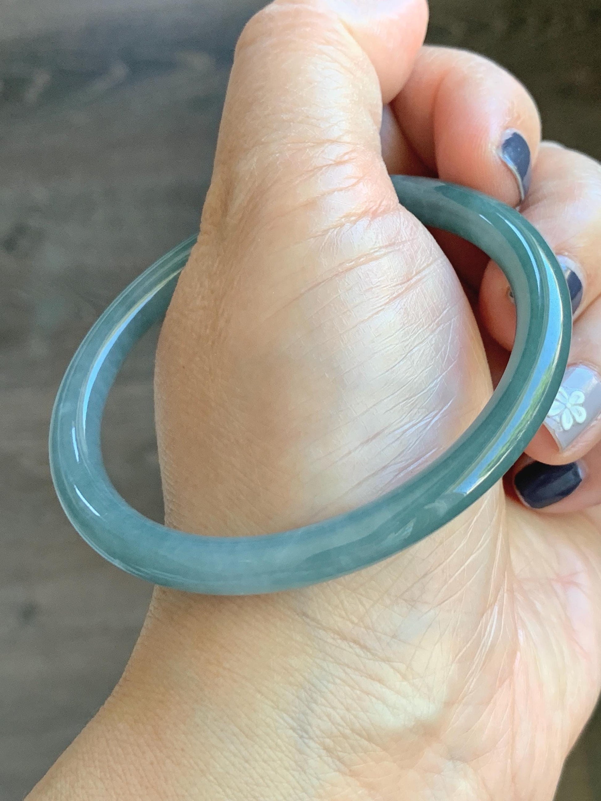 Certified Natural Grade A Guatemalan Icy Translucent Dark Dusty Teal Jade Jadeite Slim Bangle Bracelet 55mm 6.8” 天然冰危深蓝绿翡翠细圆条手镯 523