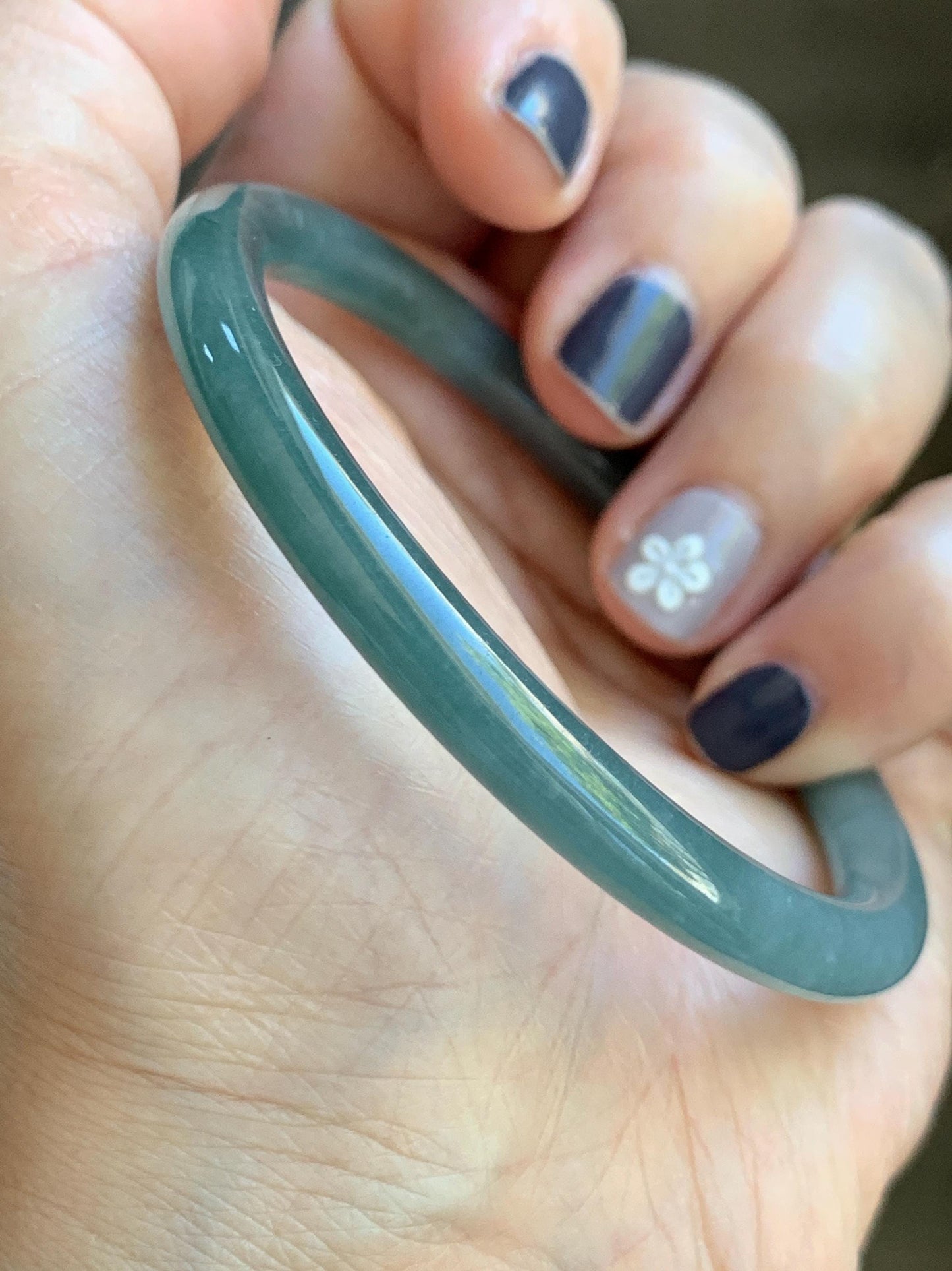 Certified Natural Grade A Guatemalan Icy Translucent Dark Dusty Teal Jade Jadeite Slim Bangle Bracelet 55mm 6.8” 天然冰危深蓝绿翡翠细圆条手镯 523