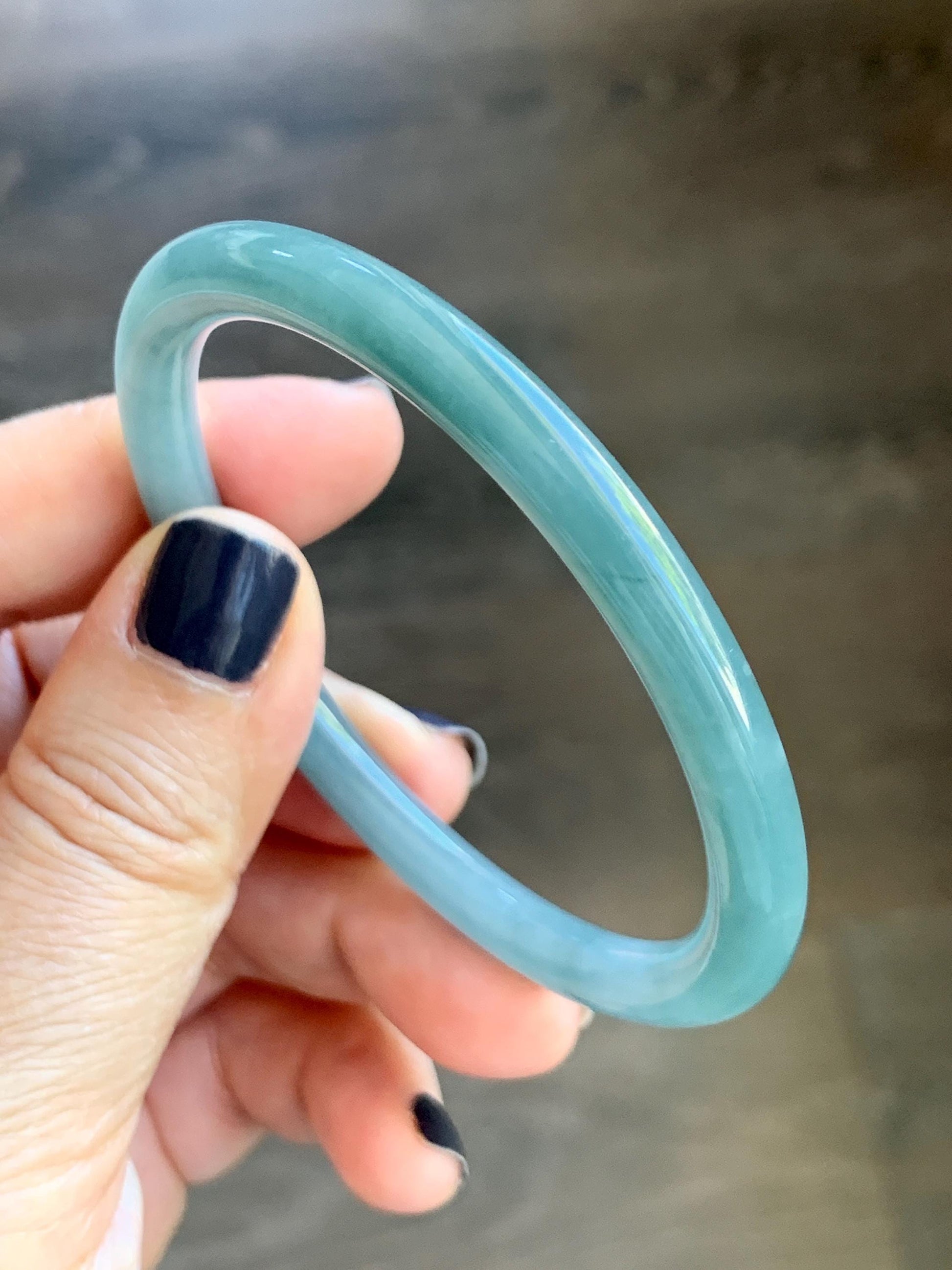 Certified Natural Grade A Guatemalan Icy Translucent Dark Dusty Teal Jade Jadeite Slim Bangle Bracelet 55mm 6.8” 天然冰危深蓝绿翡翠细圆条手镯 523