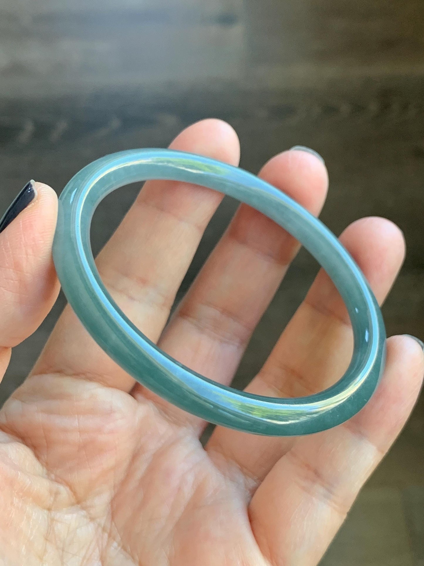 Certified Natural Grade A Guatemalan Icy Translucent Dark Dusty Teal Jade Jadeite Slim Bangle Bracelet 55mm 6.8” 天然冰危深蓝绿翡翠细圆条手镯 523