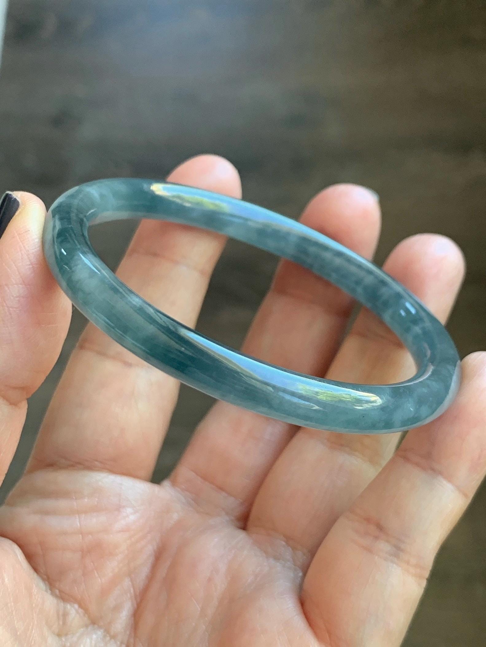 Certified Natural Grade A Guatemalan Icy Highly Translucent Dusty Blue Jade Jadeite Bangle Bracelet 54mm 6.67” 天然冰危暗蓝圆条翡翠手镯 515