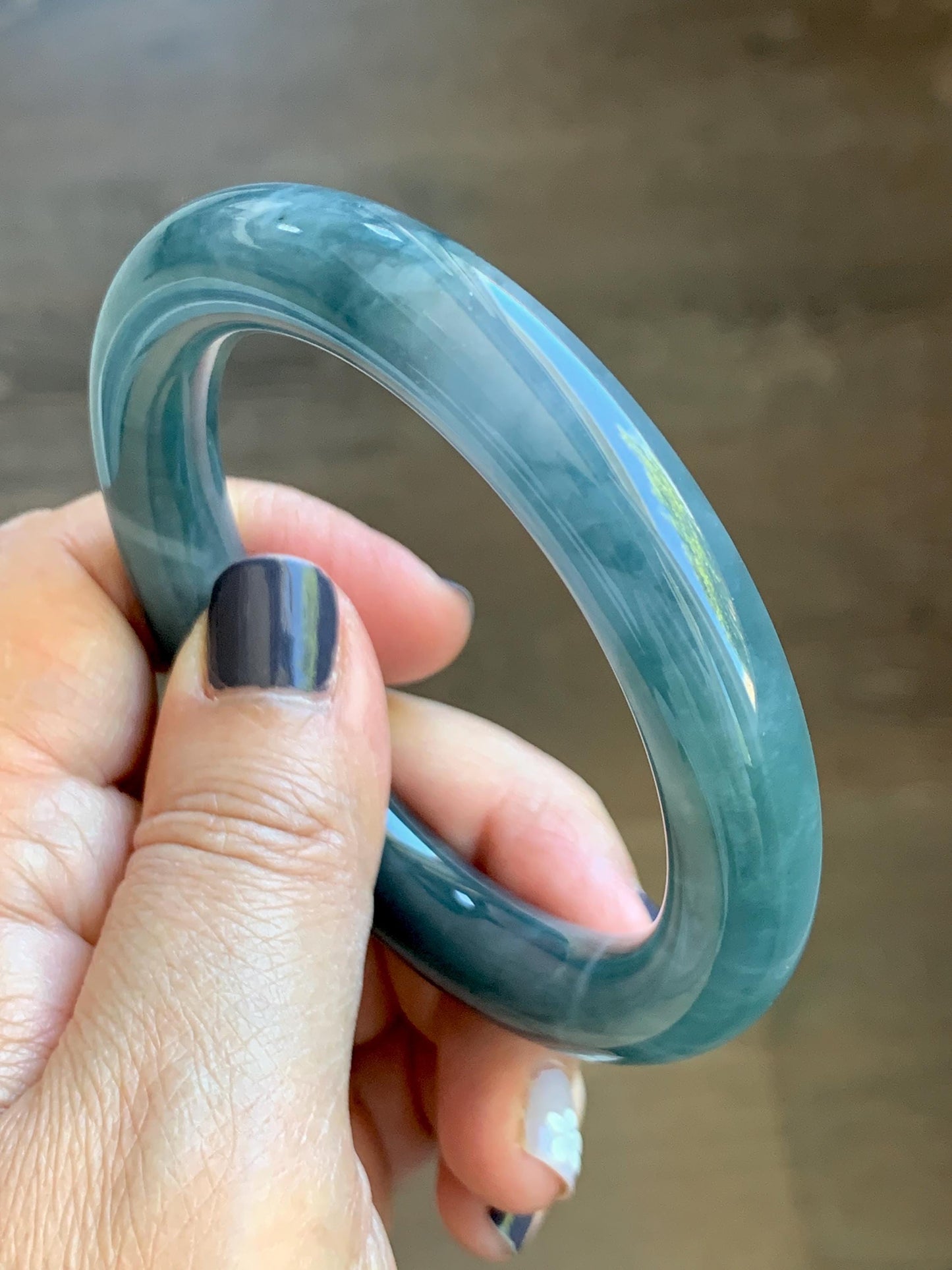 Certified Natural Grade A Guatemalan Icy Translucent Dark Dusty Blueberry Blue Jade Jadeite Wide Bangle 56.1mm 6.94” 天然冰危深蓝莓紫翡翠粗圆条手镯 498