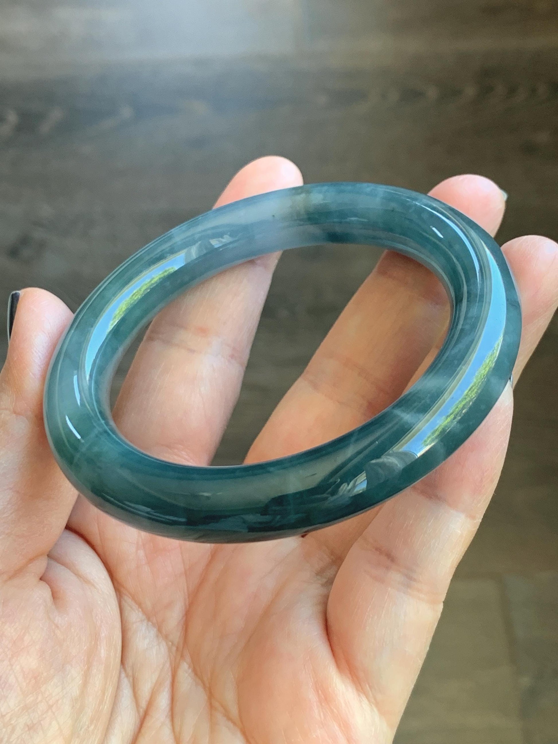Certified Natural Grade A Guatemalan Icy Translucent Dark Dusty Blueberry Blue Jade Jadeite Wide Bangle 56.1mm 6.94” 天然冰危深蓝莓紫翡翠粗圆条手镯 498