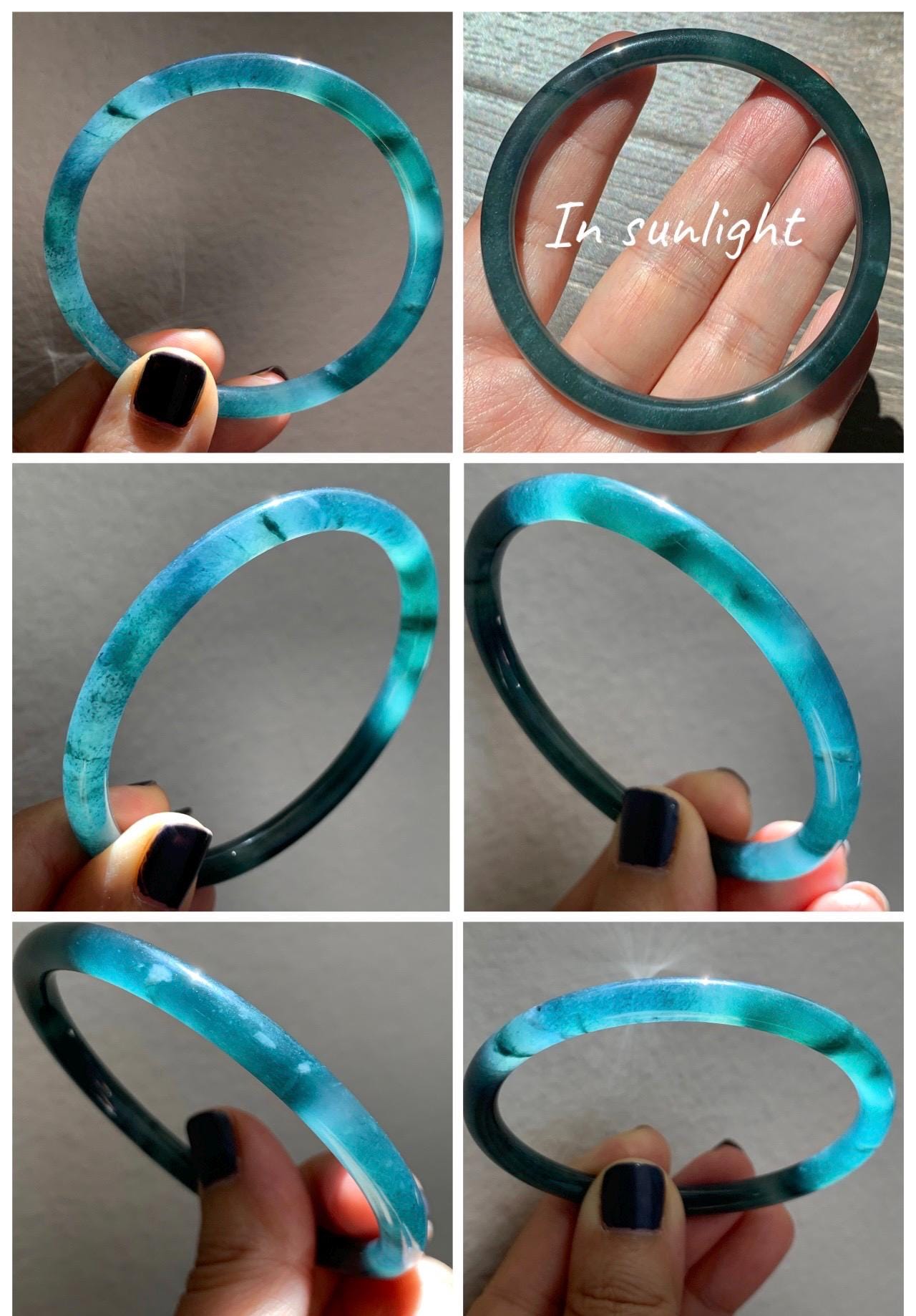 Certified Natural Grade A Guatemalan Icy Translucent Dark Teal Blue Marbled Jade Jadeite Slim Bangle 58.2mm 7.19” 天然冰胶危深蓝飘花翡翠细圆条手镯 513