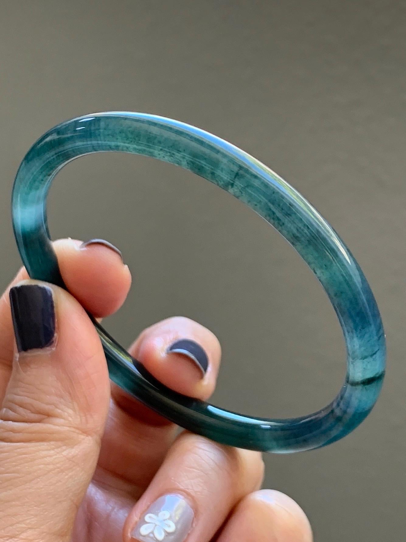 Certified Natural Grade A Guatemalan Icy Translucent Dark Teal Blue Marbled Jade Jadeite Slim Bangle 58.2mm 7.19” 天然冰胶危深蓝飘花翡翠细圆条手镯 513