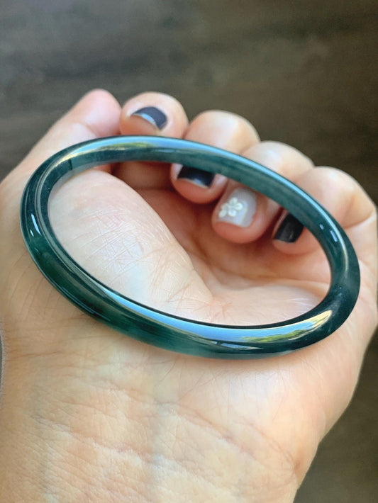 Certified Natural Grade A Guatemalan Icy Translucent Dark Teal Blue Marbled Jade Jadeite Slim Bangle 58.2mm 7.19” 天然冰胶危深蓝飘花翡翠细圆条手镯 513