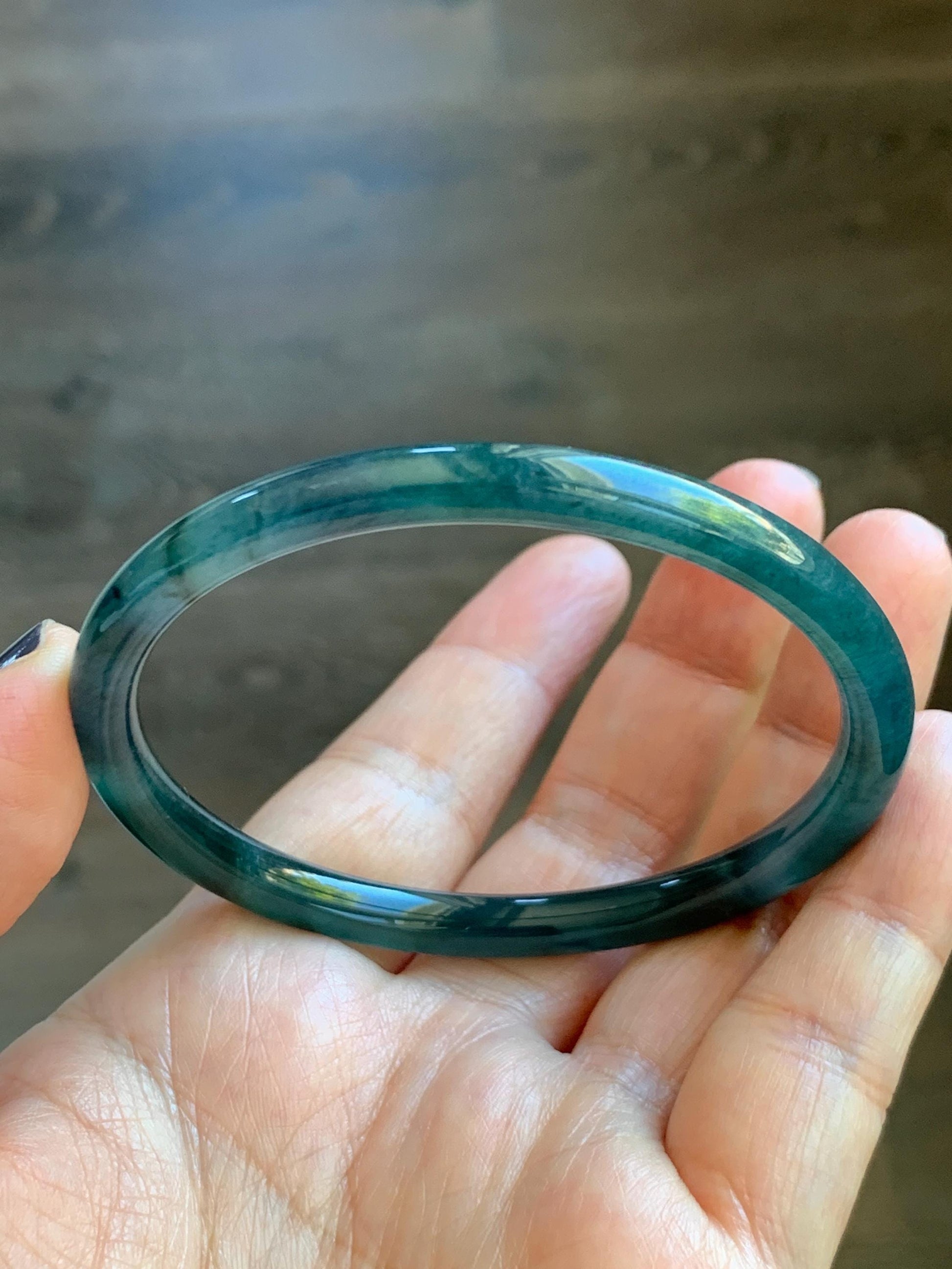 Certified Natural Grade A Guatemalan Icy Translucent Dark Teal Blue Marbled Jade Jadeite Slim Bangle 58.2mm 7.19” 天然冰胶危深蓝飘花翡翠细圆条手镯 513