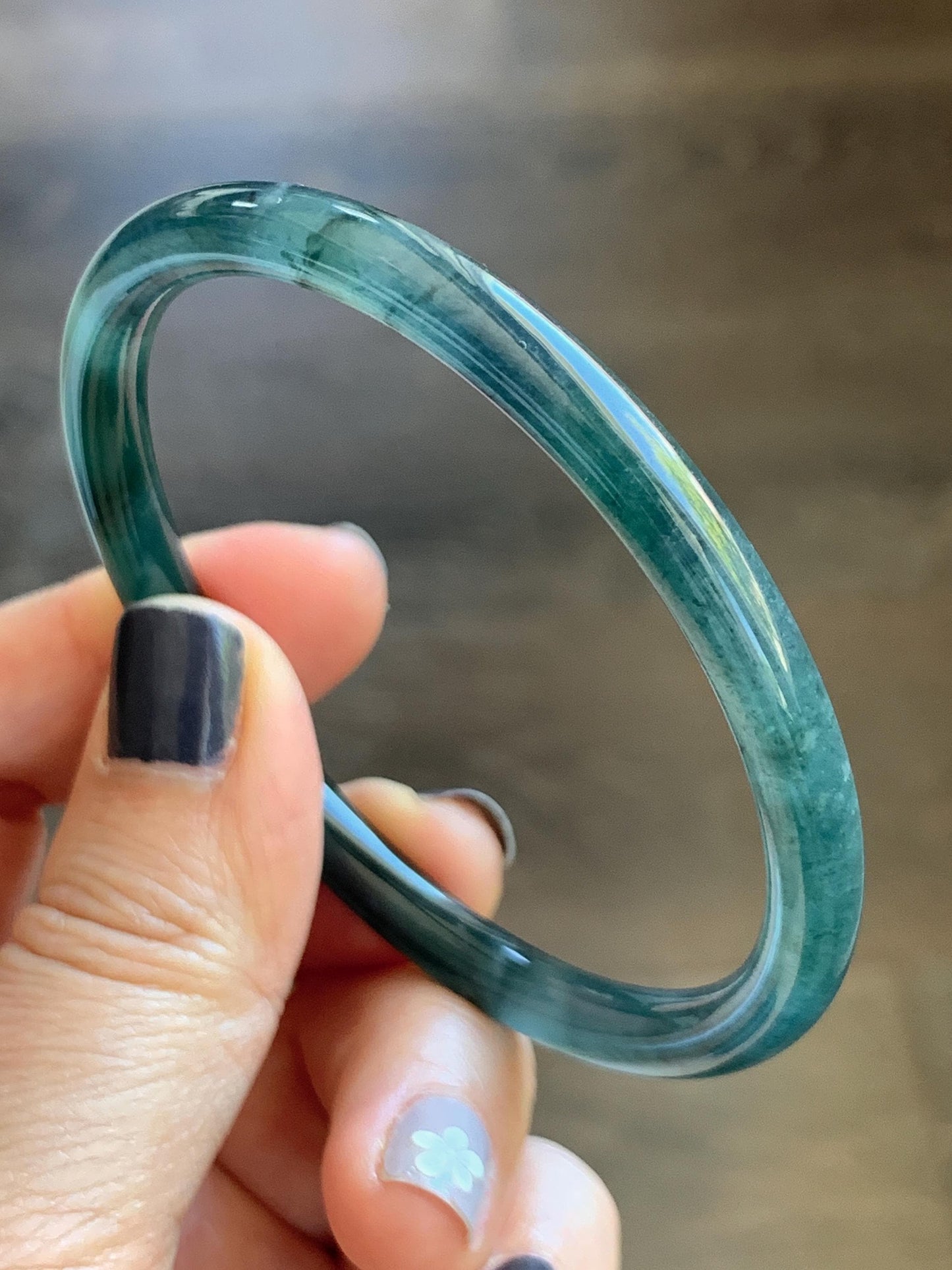 Certified Natural Grade A Guatemalan Icy Translucent Dark Teal Blue Marbled Jade Jadeite Slim Bangle 58.2mm 7.19” 天然冰胶危深蓝飘花翡翠细圆条手镯 513