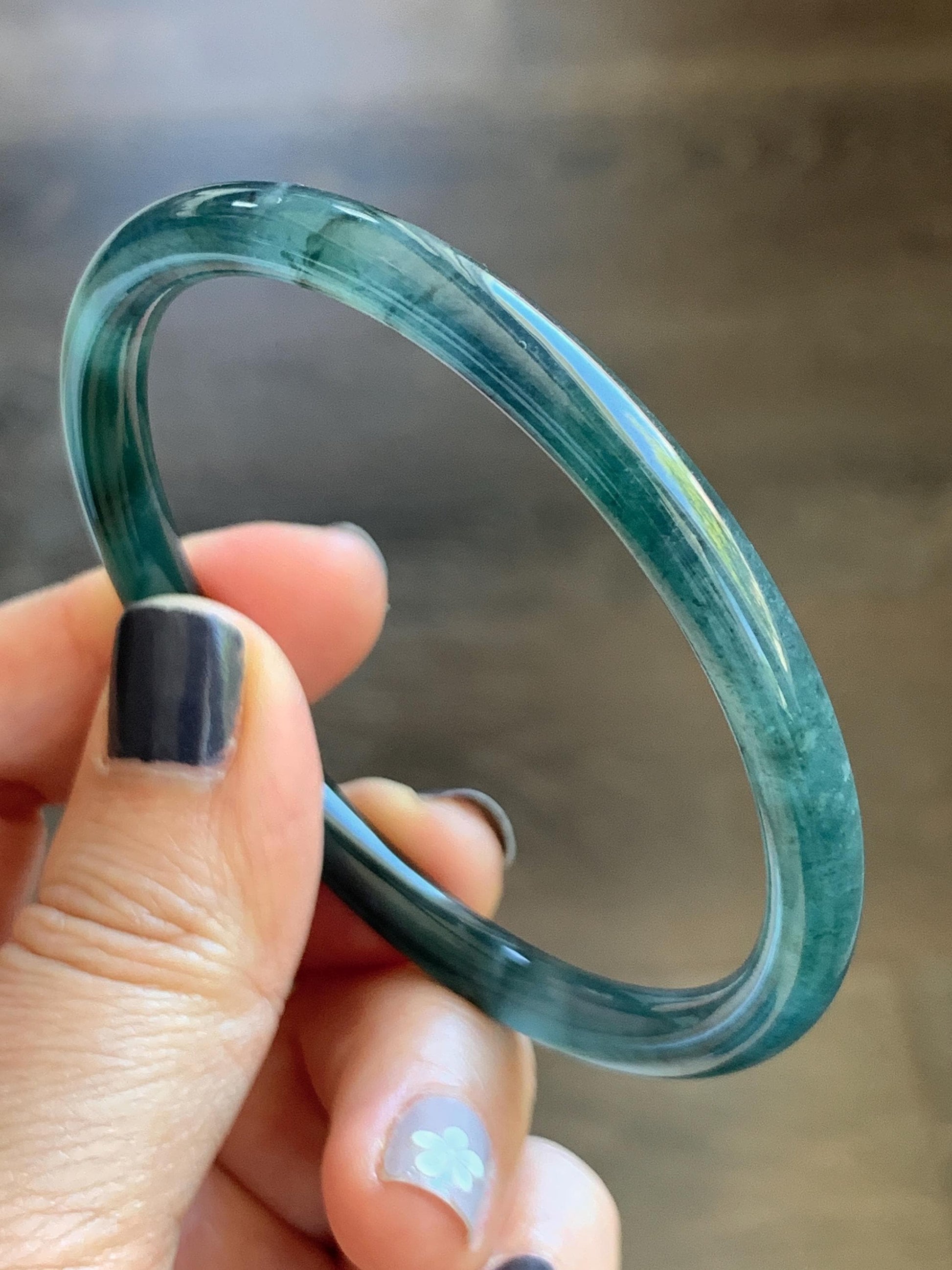 Certified Natural Grade A Guatemalan Icy Translucent Dark Teal Blue Marbled Jade Jadeite Slim Bangle 58.2mm 7.19” 天然冰胶危深蓝飘花翡翠细圆条手镯 513