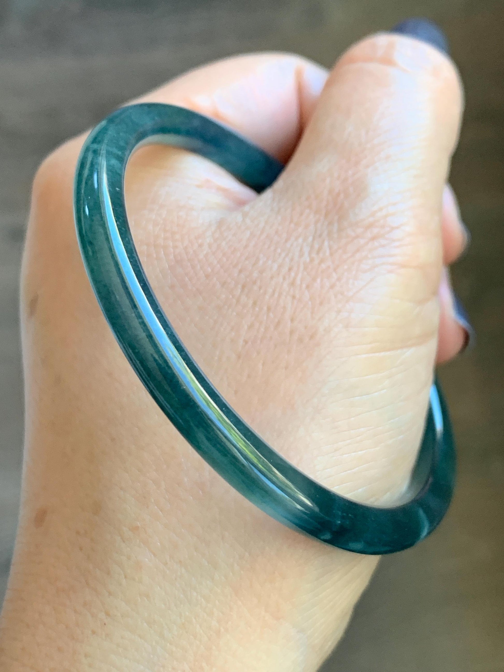 Certified Natural Grade A Guatemalan Icy Translucent Dark Teal Blue Marbled Jade Jadeite Slim Bangle 58.2mm 7.19” 天然冰胶危深蓝飘花翡翠细圆条手镯 513