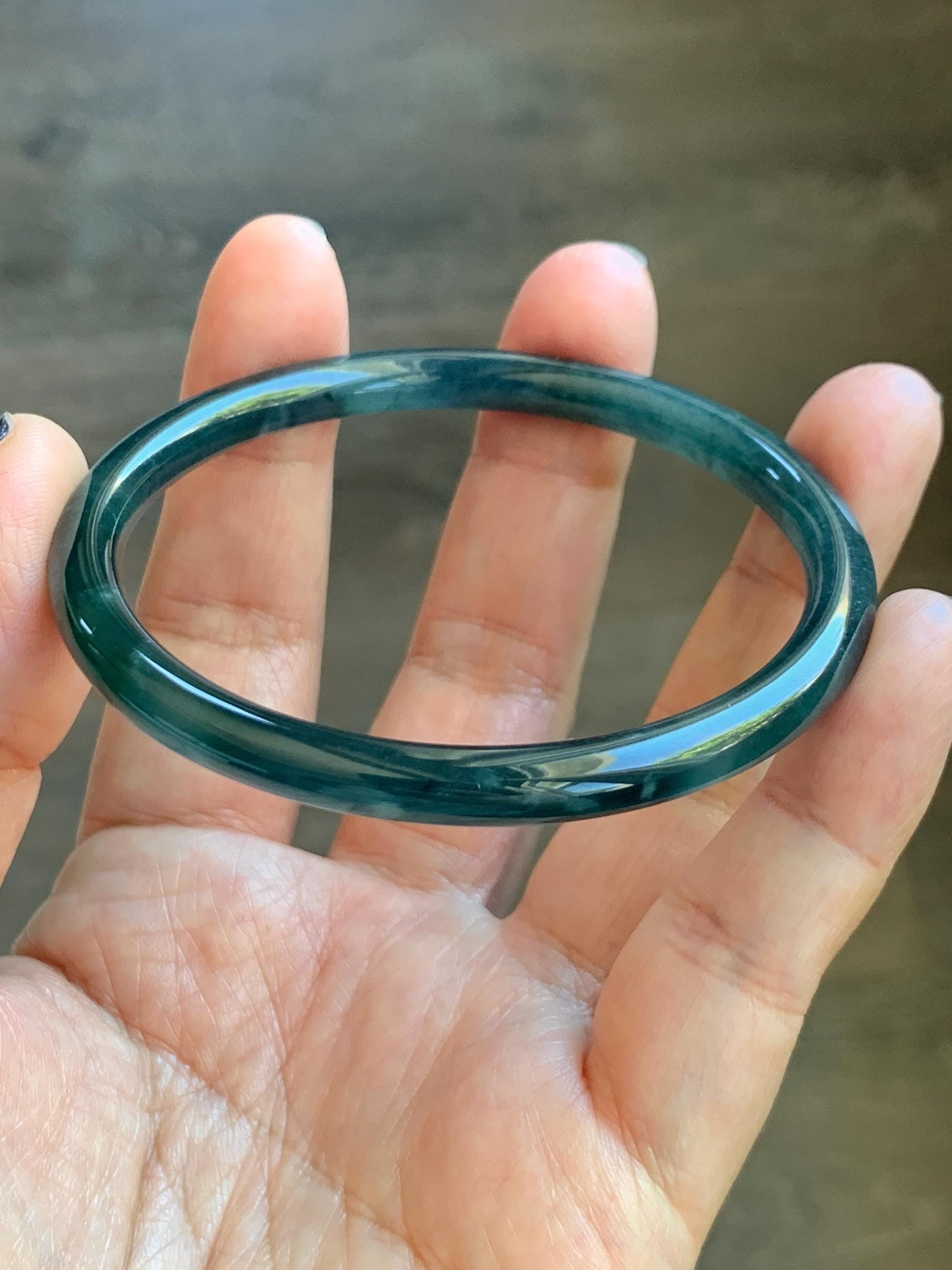Certified Natural Grade A Guatemalan Icy Translucent Dark Teal Blue Marbled Jade Jadeite Slim Bangle 58.2mm 7.19” 天然冰胶危深蓝飘花翡翠细圆条手镯 513