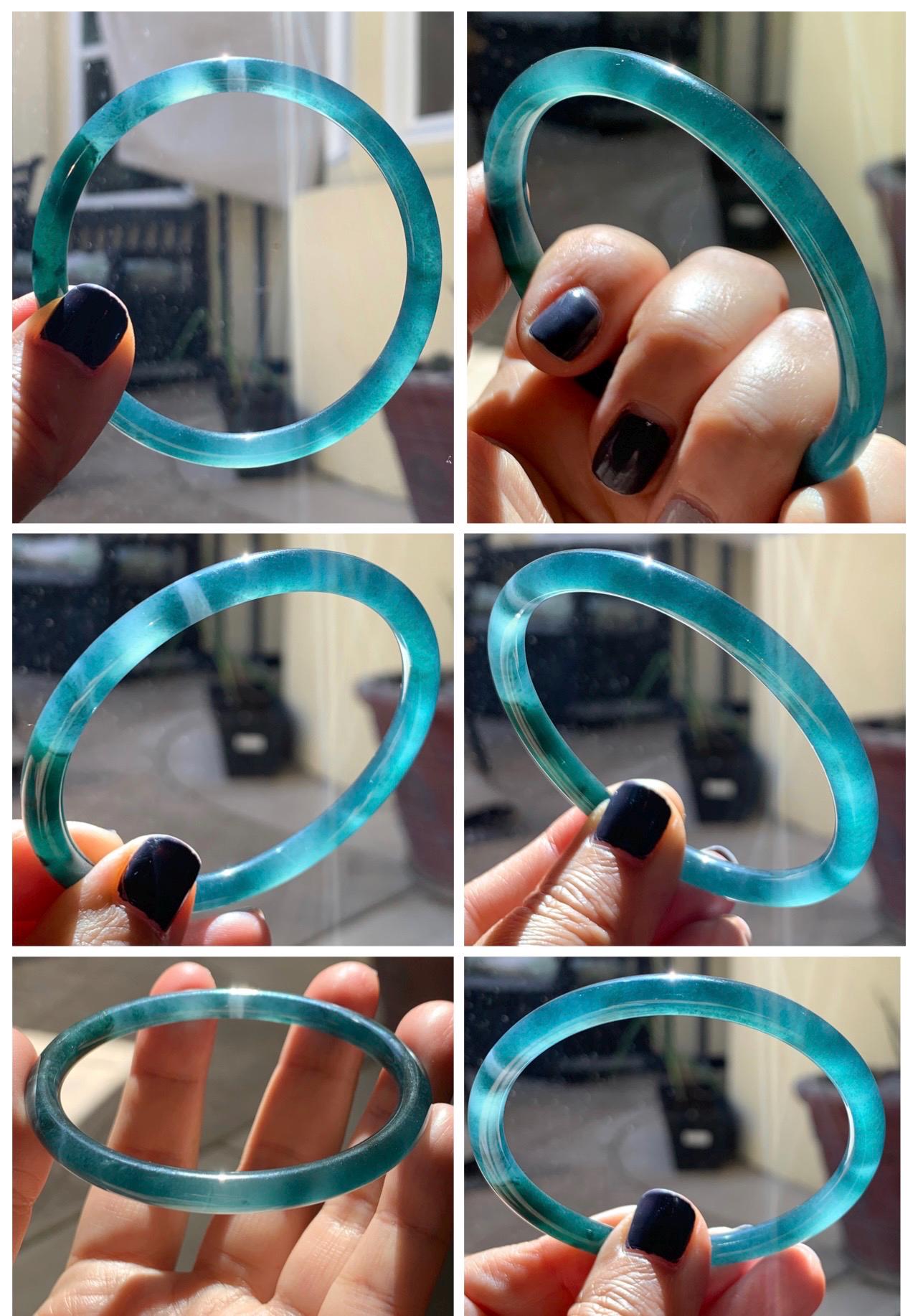 Certified Natural Grade A Guatemalan Icy Translucent Dark Teal Blue Marbled Jade Jadeite Slim Bangle 56mm 6.92” 天然冰胶危深蓝飘花翡翠细圆条手镯 514