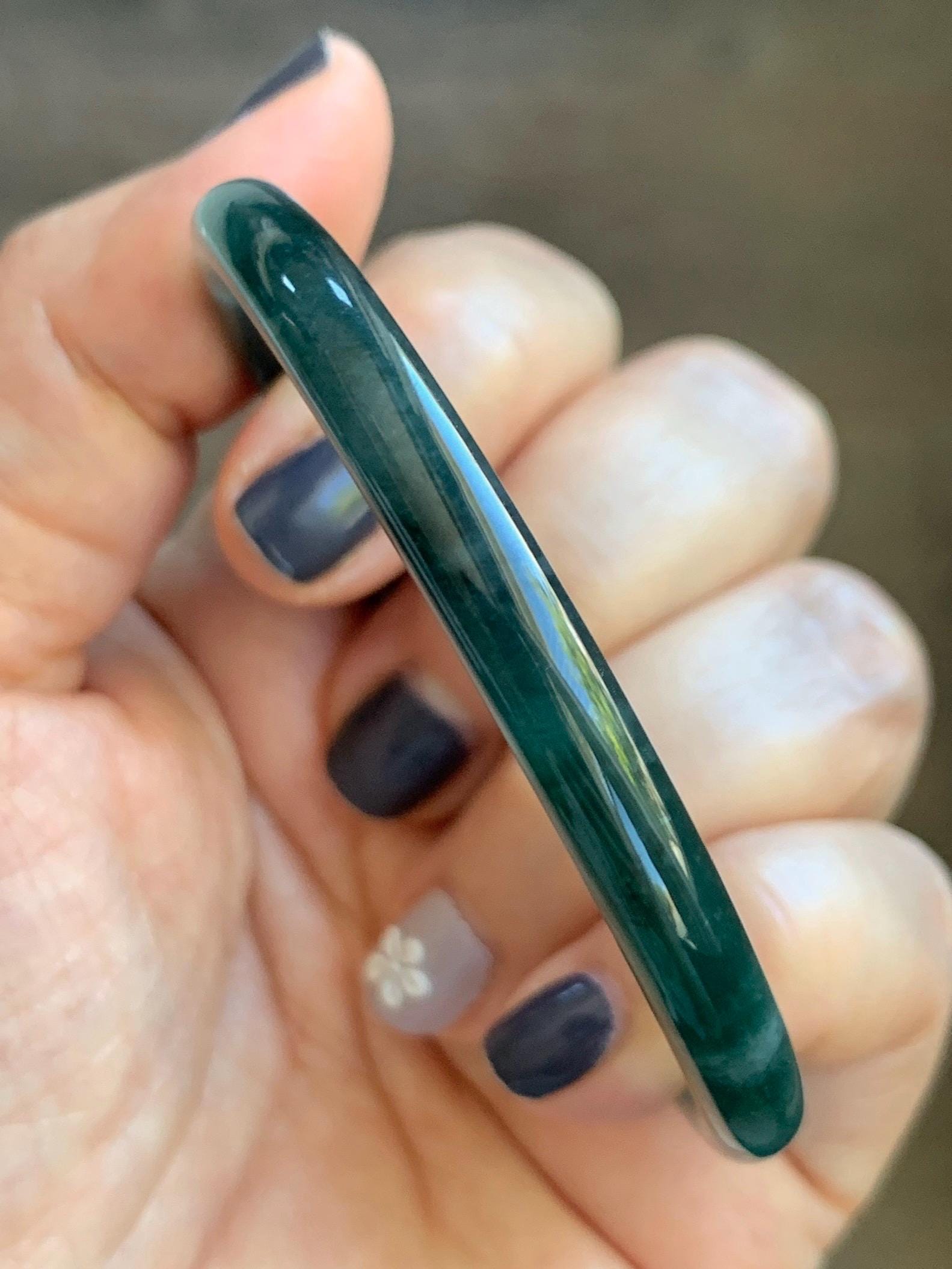 Certified Natural Grade A Guatemalan Icy Translucent Dark Teal Blue Marbled Jade Jadeite Slim Bangle 56mm 6.92” 天然冰胶危深蓝飘花翡翠细圆条手镯 514