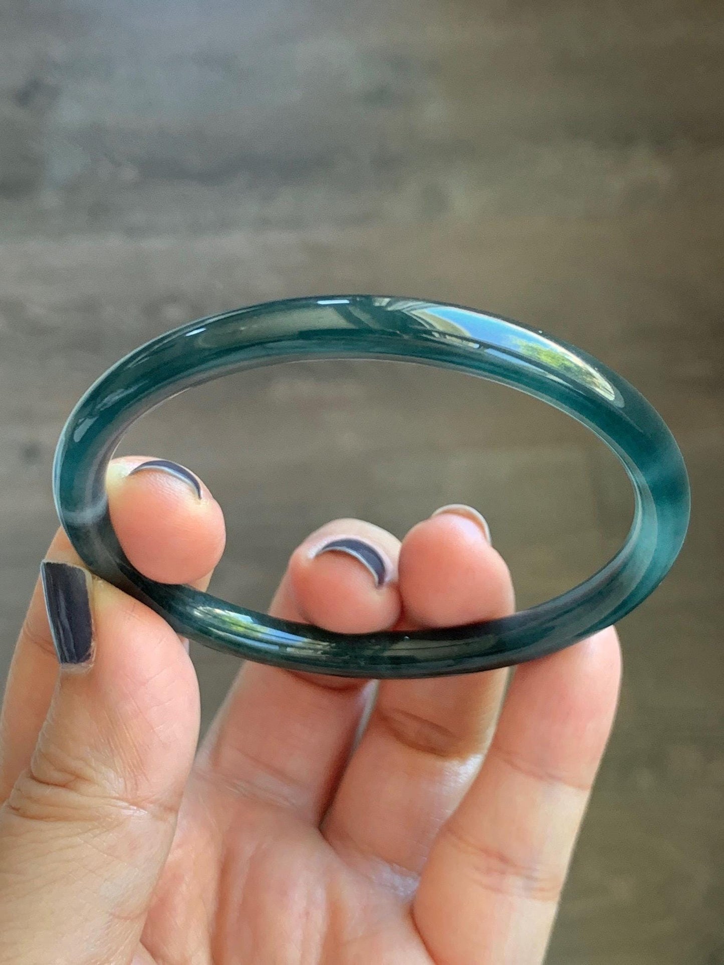 Certified Natural Grade A Guatemalan Icy Translucent Dark Teal Blue Marbled Jade Jadeite Slim Bangle 56mm 6.92” 天然冰胶危深蓝飘花翡翠细圆条手镯 514