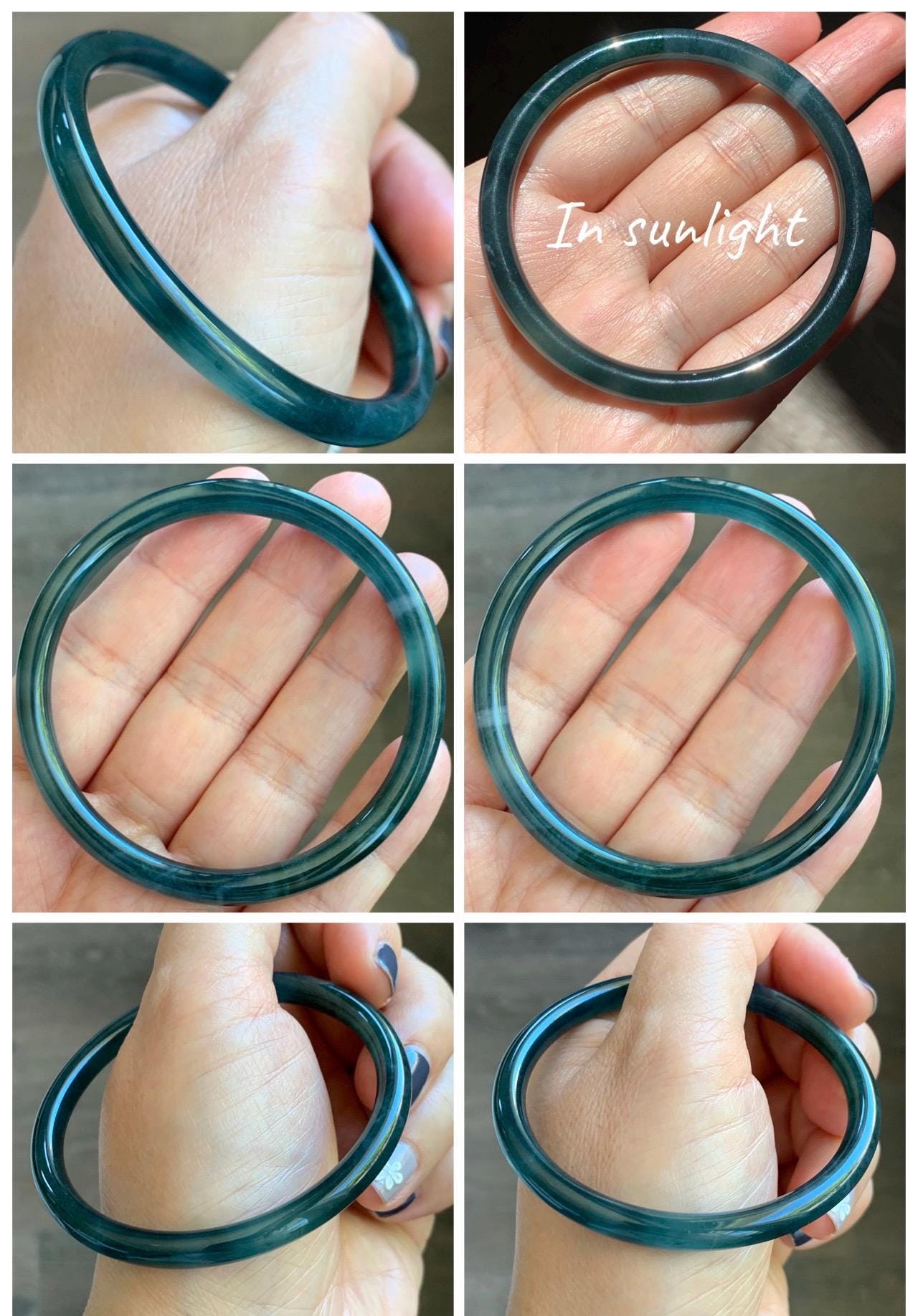 Certified Natural Grade A Guatemalan Icy Translucent Dark Teal Blue Marbled Jade Jadeite Slim Bangle 56mm 6.92” 天然冰胶危深蓝飘花翡翠细圆条手镯 514