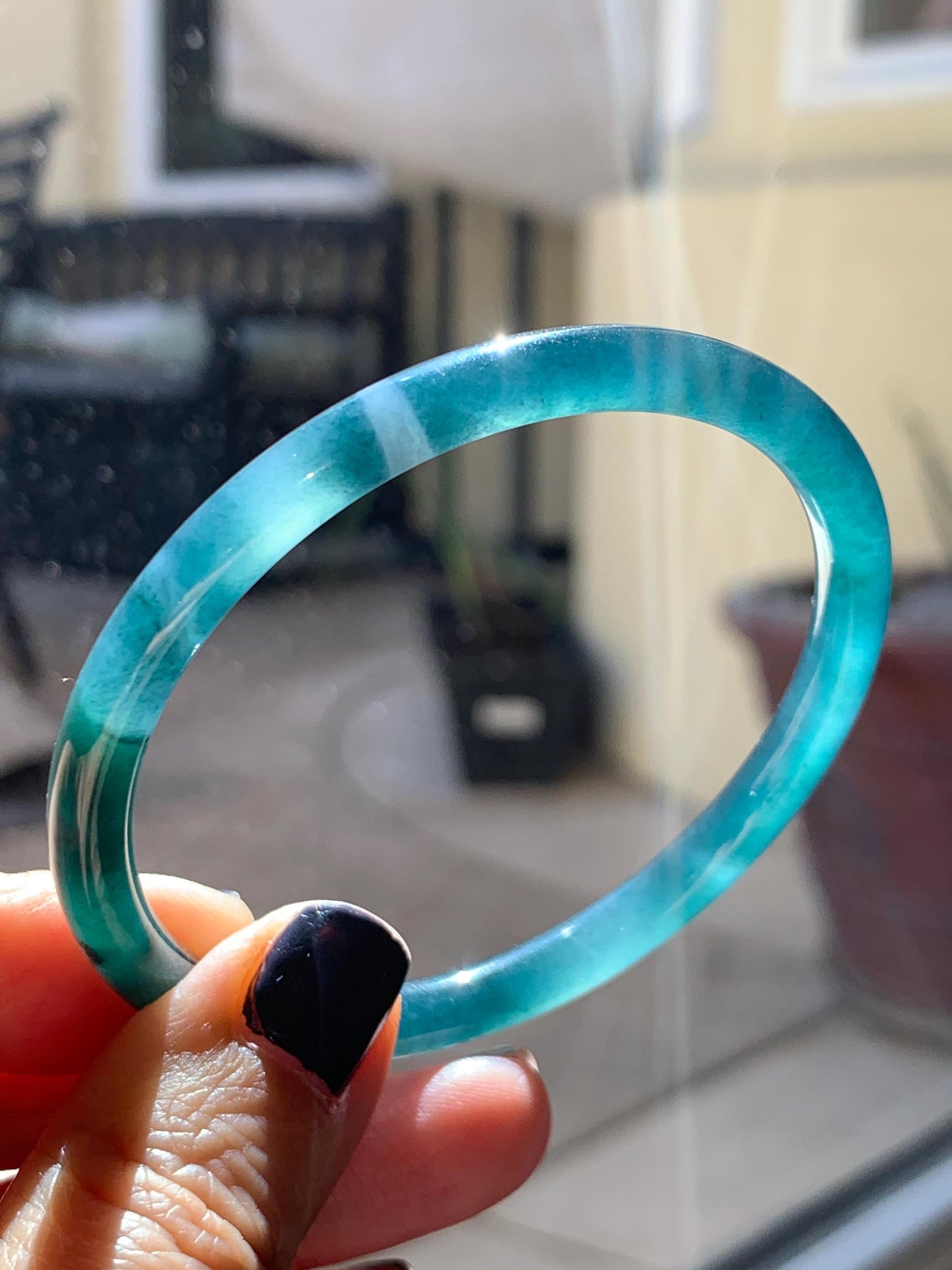Certified Natural Grade A Guatemalan Icy Translucent Dark Teal Blue Marbled Jade Jadeite Slim Bangle 56mm 6.92” 天然冰胶危深蓝飘花翡翠细圆条手镯 514