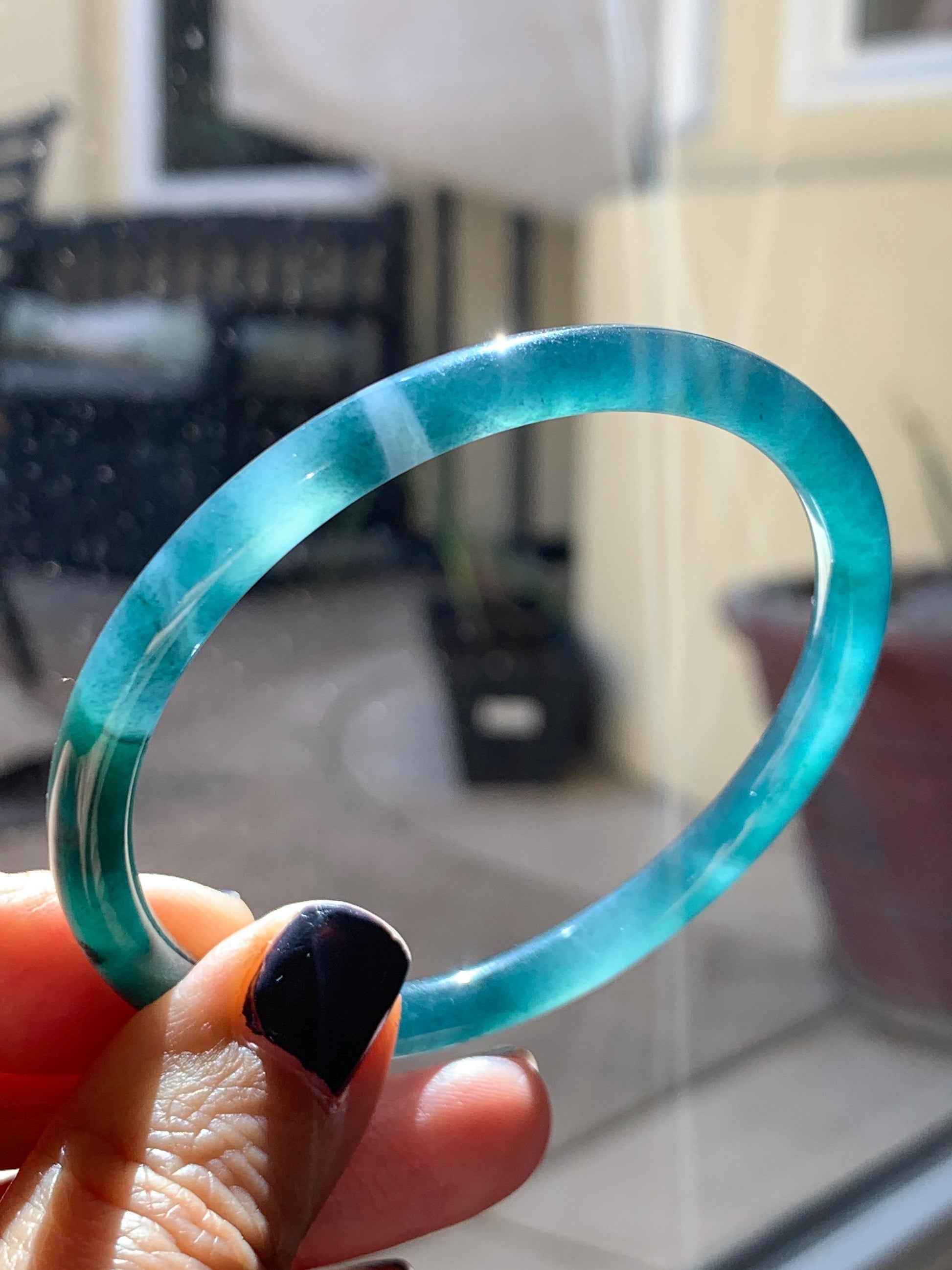 Certified Natural Grade A Guatemalan Icy Translucent Dark Teal Blue Marbled Jade Jadeite Slim Bangle 56mm 6.92” 天然冰胶危深蓝飘花翡翠细圆条手镯 514