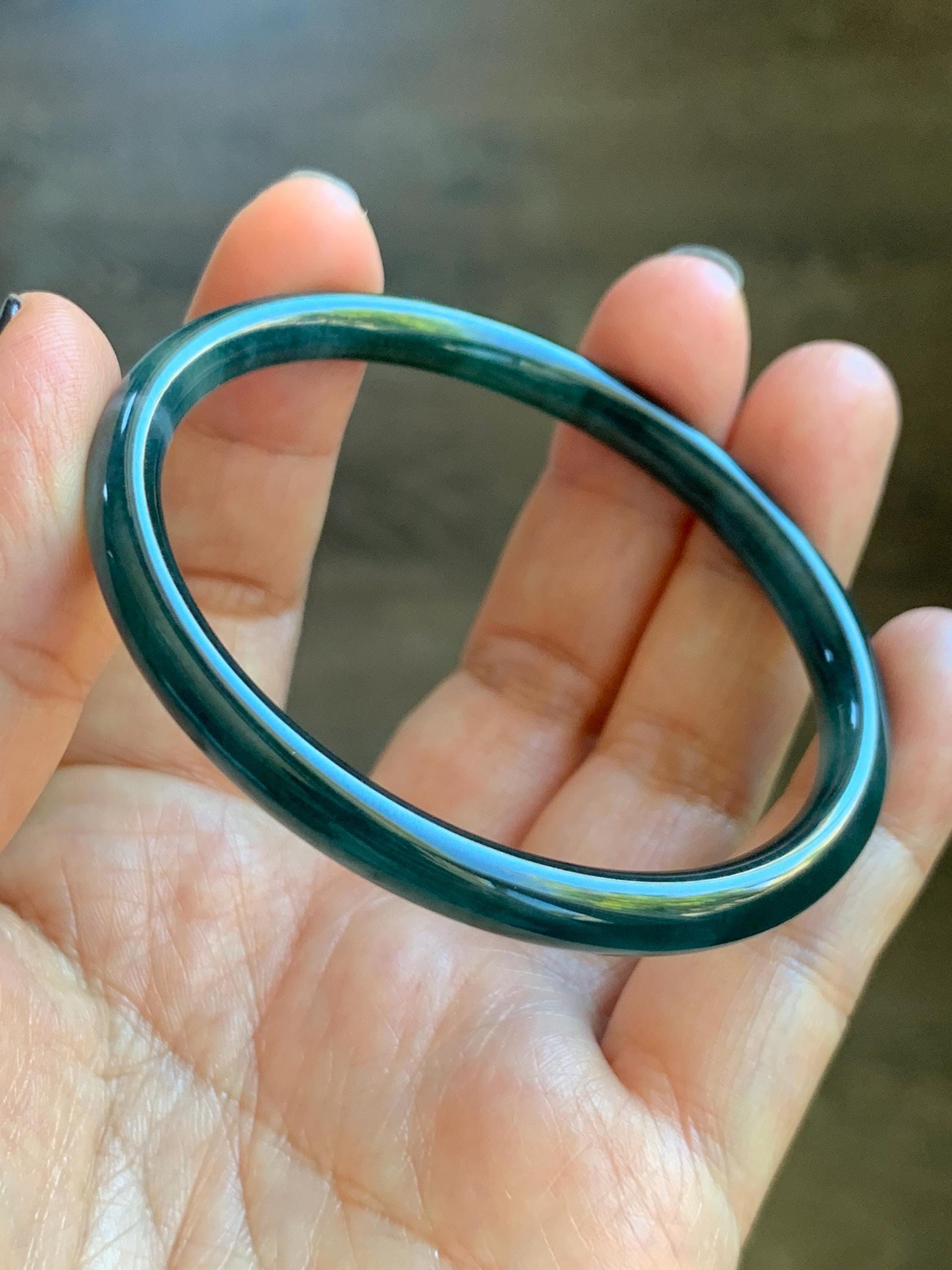 Certified Natural Grade A Guatemalan Icy Translucent Dark Teal Blue Marbled Jade Jadeite Slim Bangle 56mm 6.92” 天然冰胶危深蓝飘花翡翠细圆条手镯 514