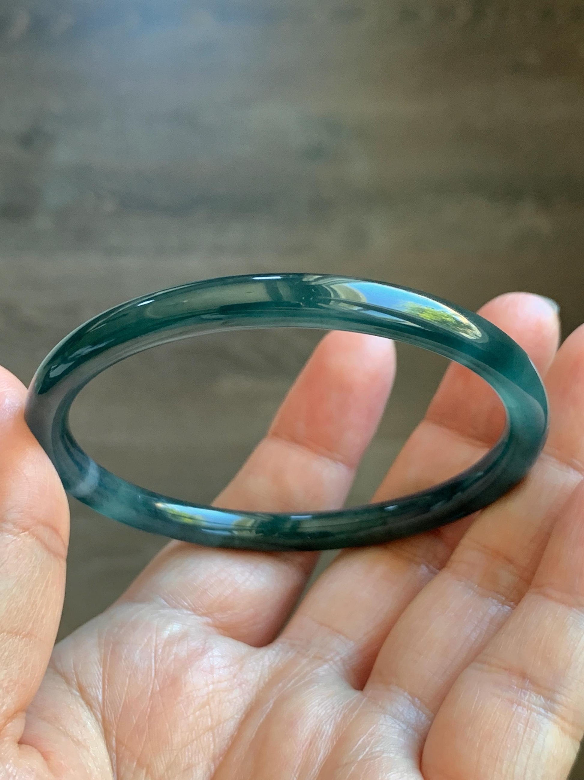 Certified Natural Grade A Guatemalan Icy Translucent Dark Teal Blue Marbled Jade Jadeite Slim Bangle 56mm 6.92” 天然冰胶危深蓝飘花翡翠细圆条手镯 514