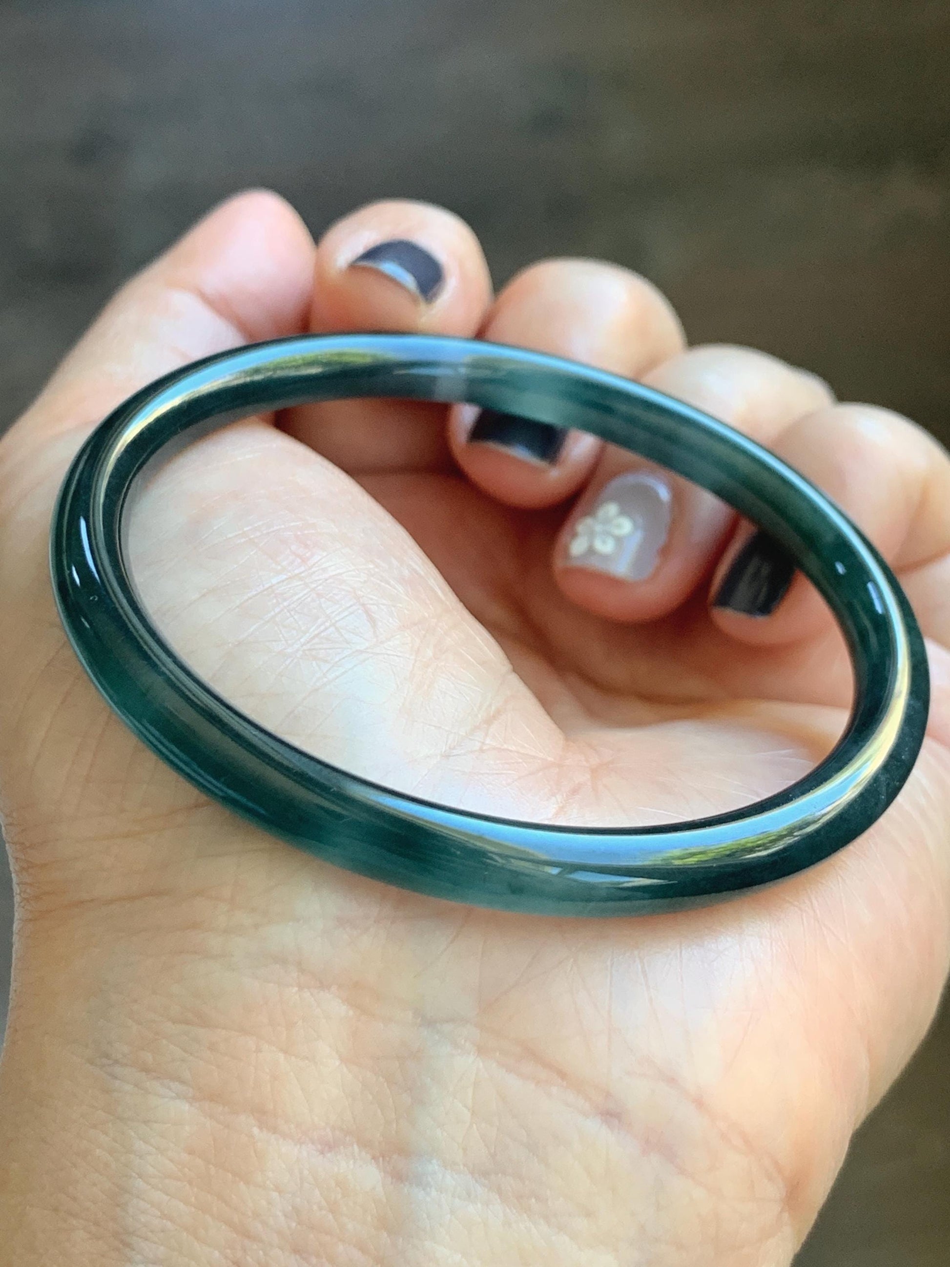 Certified Natural Grade A Guatemalan Icy Translucent Dark Teal Blue Marbled Jade Jadeite Slim Bangle 56mm 6.92” 天然冰胶危深蓝飘花翡翠细圆条手镯 514
