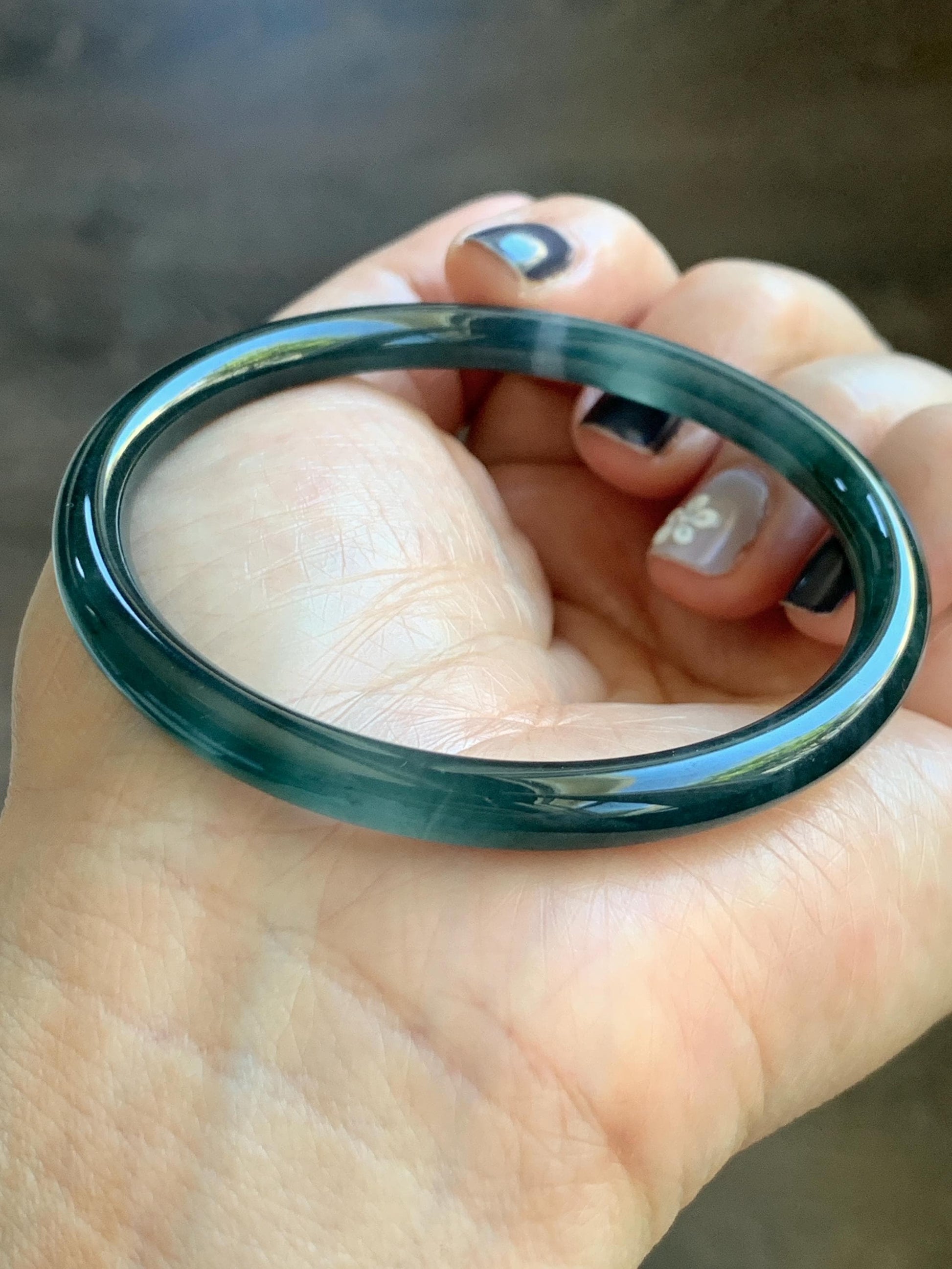 Certified Natural Grade A Guatemalan Icy Translucent Dark Teal Blue Marbled Jade Jadeite Slim Bangle 56mm 6.92” 天然冰胶危深蓝飘花翡翠细圆条手镯 514