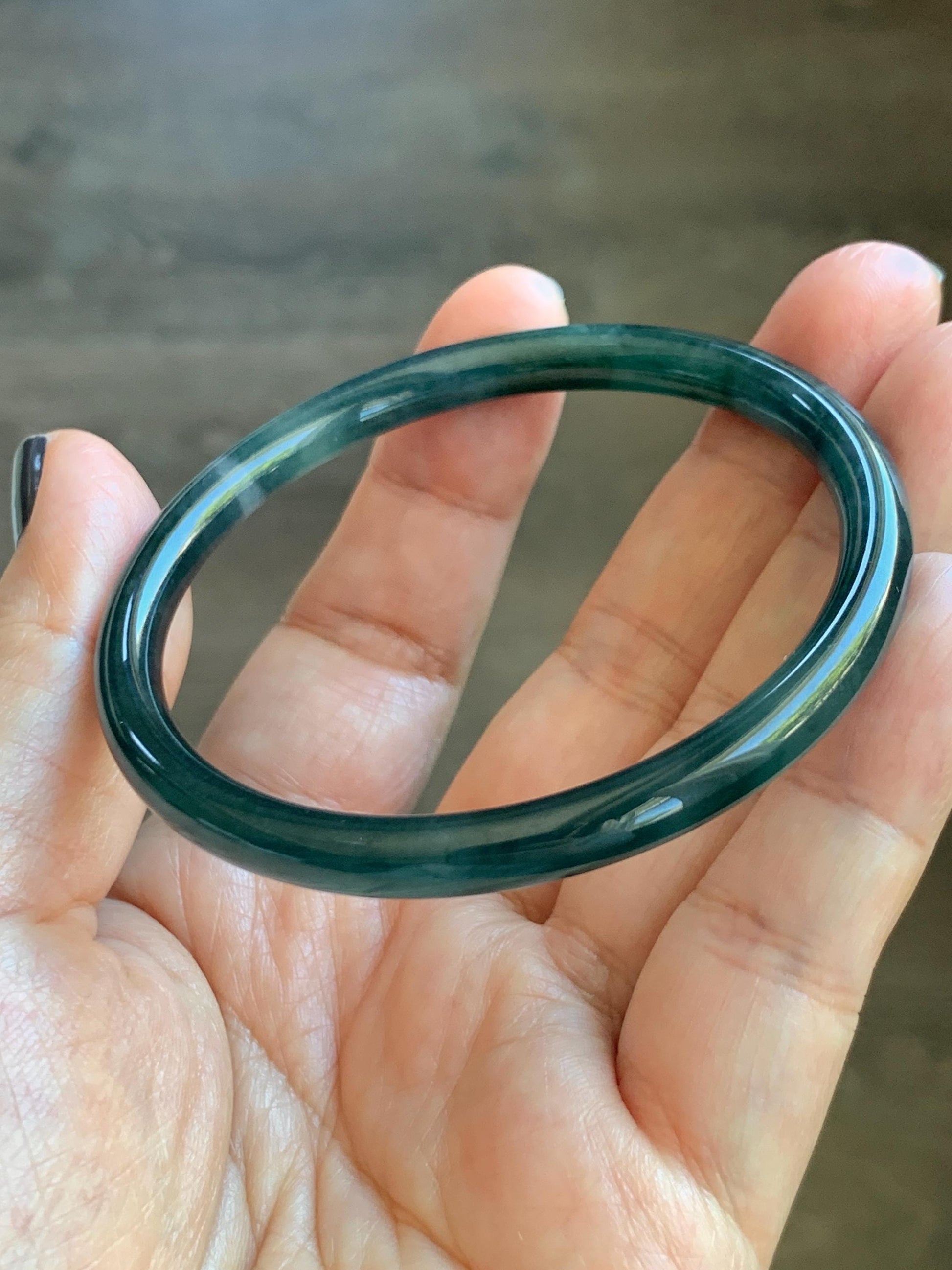 Certified Natural Grade A Guatemalan Icy Translucent Dark Teal Blue Marbled Jade Jadeite Slim Bangle 56mm 6.92” 天然冰胶危深蓝飘花翡翠细圆条手镯 514
