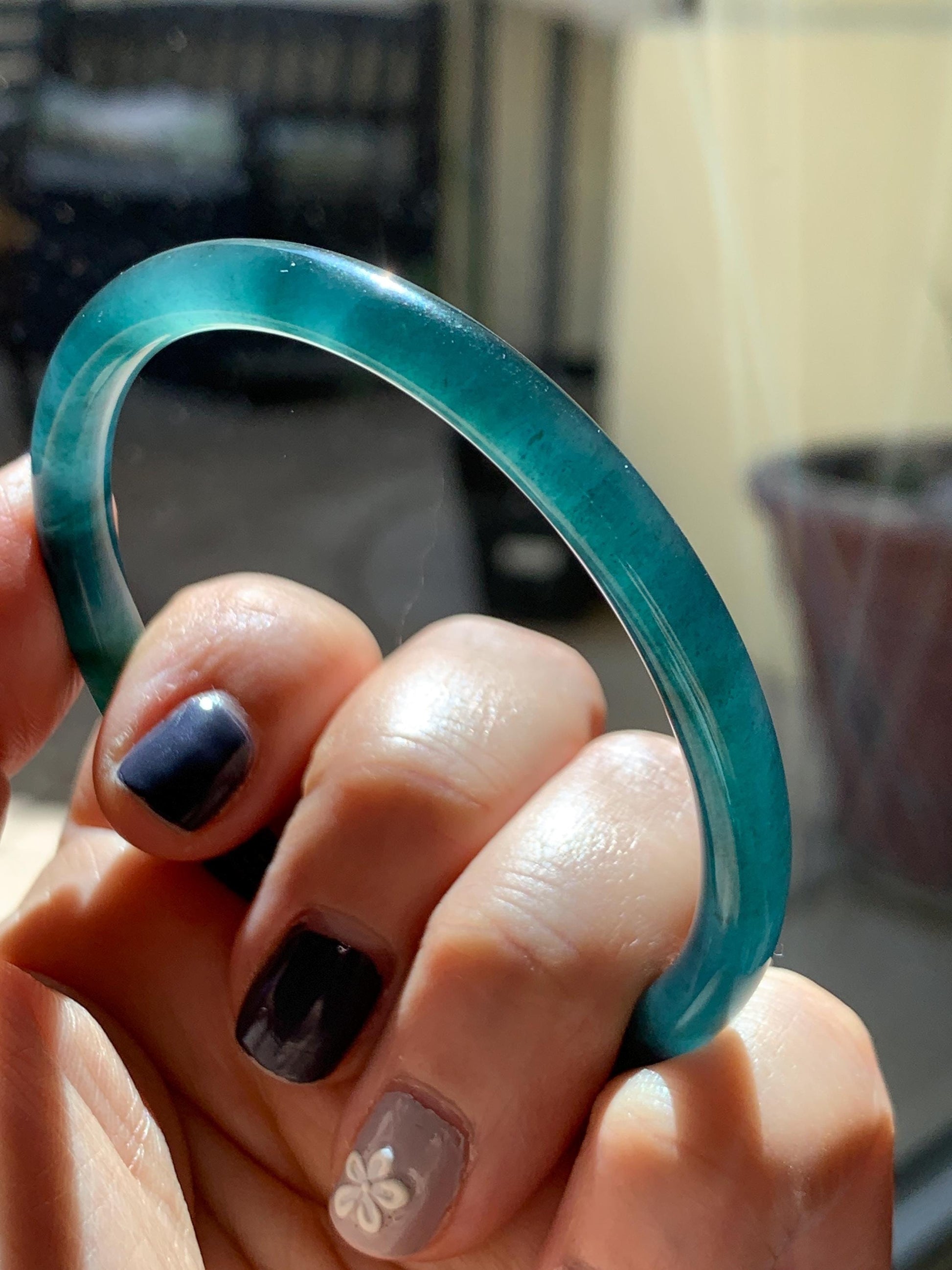 Certified Natural Grade A Guatemalan Icy Translucent Dark Teal Blue Marbled Jade Jadeite Slim Bangle 56mm 6.92” 天然冰胶危深蓝飘花翡翠细圆条手镯 514